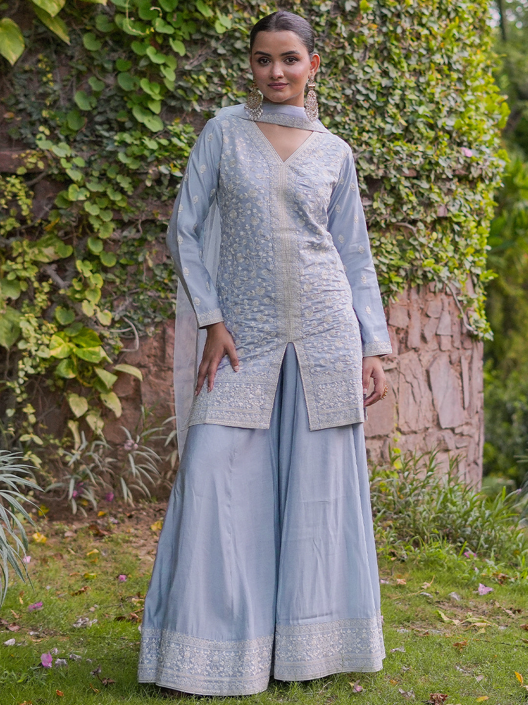 Libas Art Grey Embroidered Silk Blend Straight Suit With Dupatta