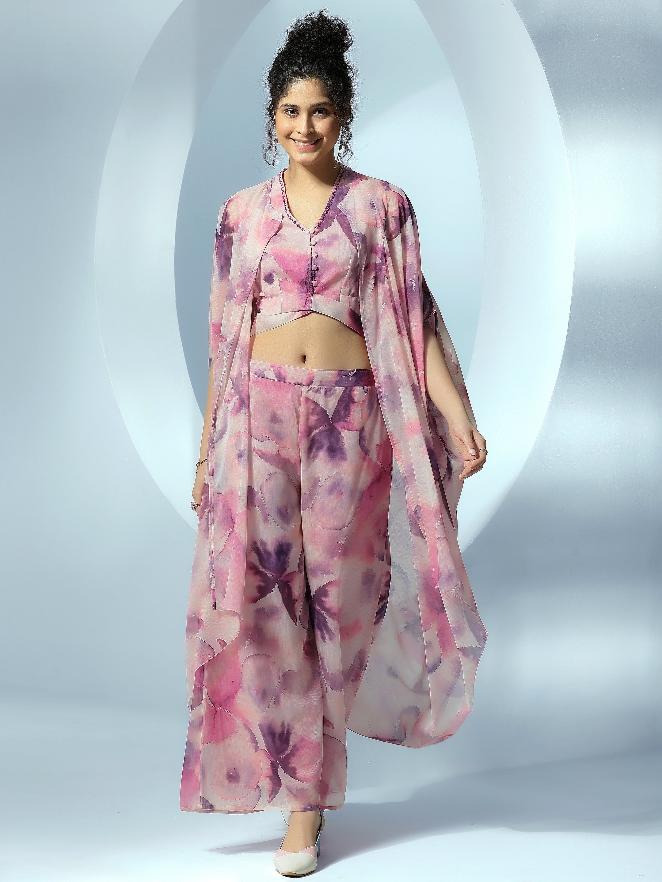 Pink Printed Polyester Co-Ords With Shrug