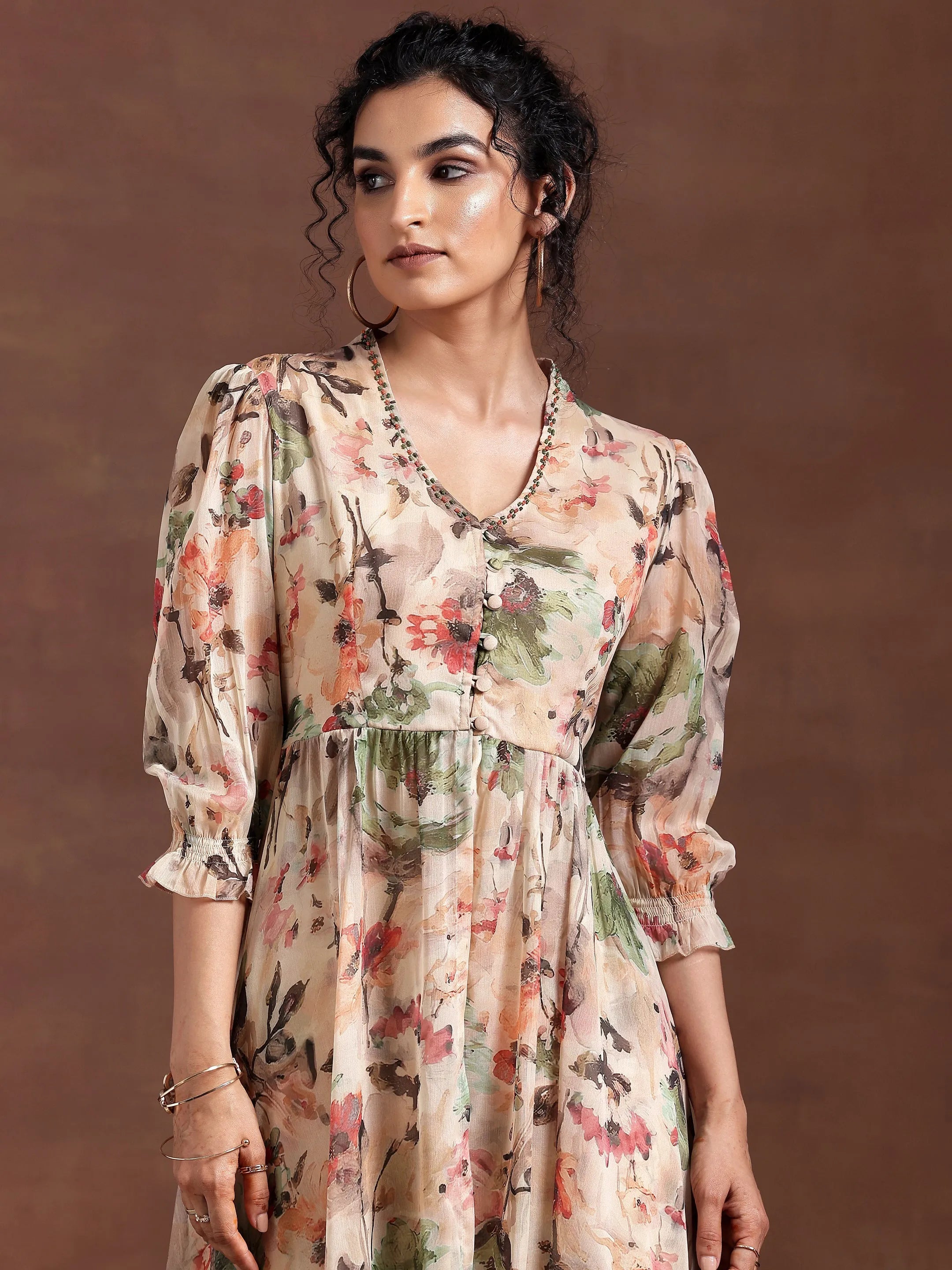 Beige Printed Chiffon Co-Ords