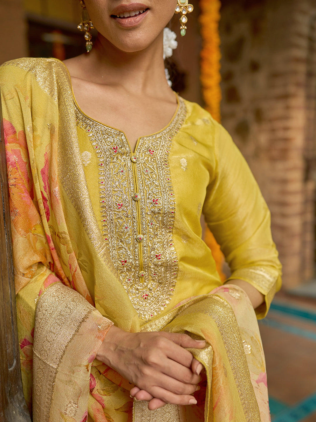 Mustard Woven Design Chanderi Silk Straight Suit With Dupatta