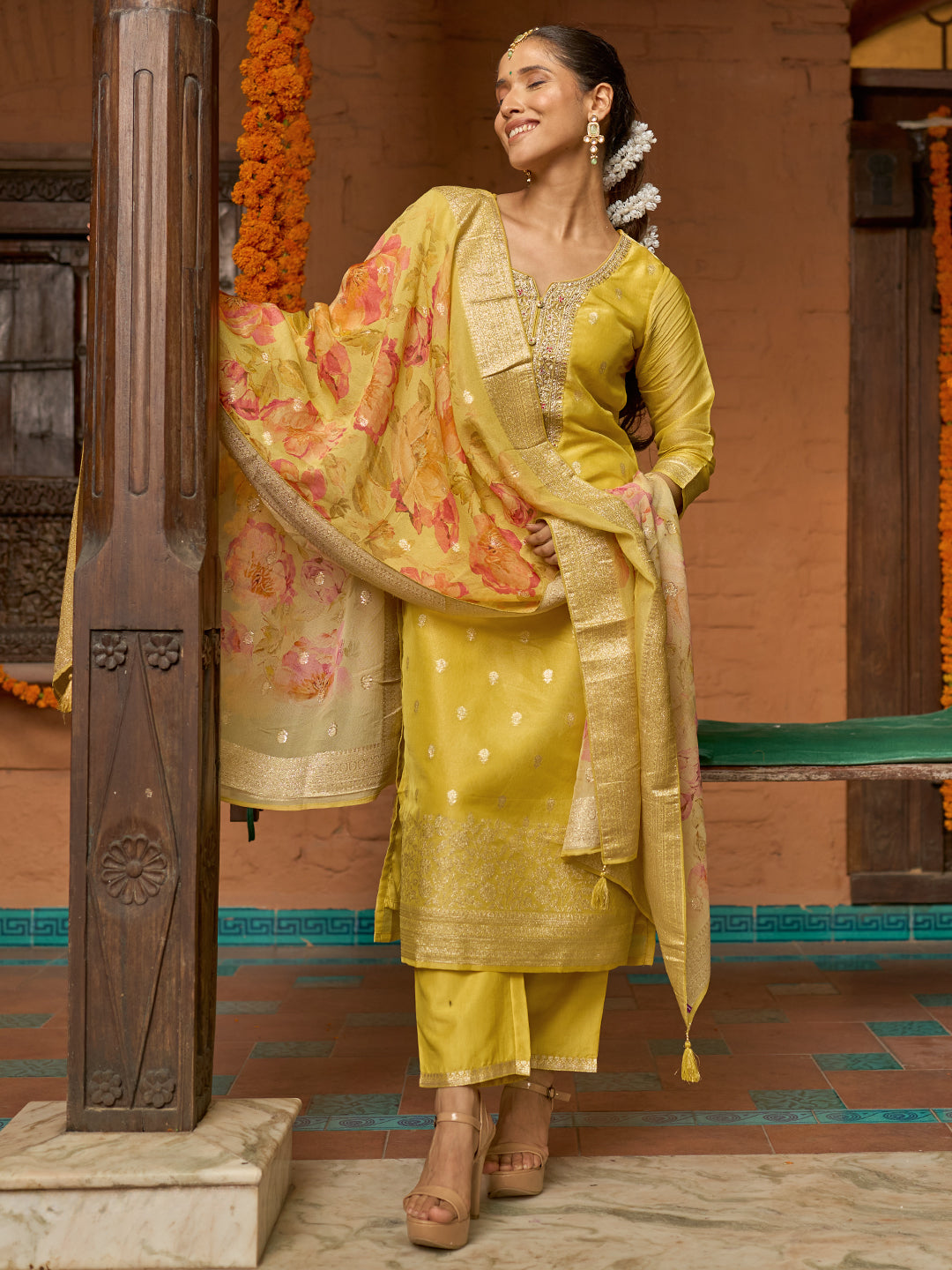 Mustard Woven Design Chanderi Silk Straight Suit With Dupatta