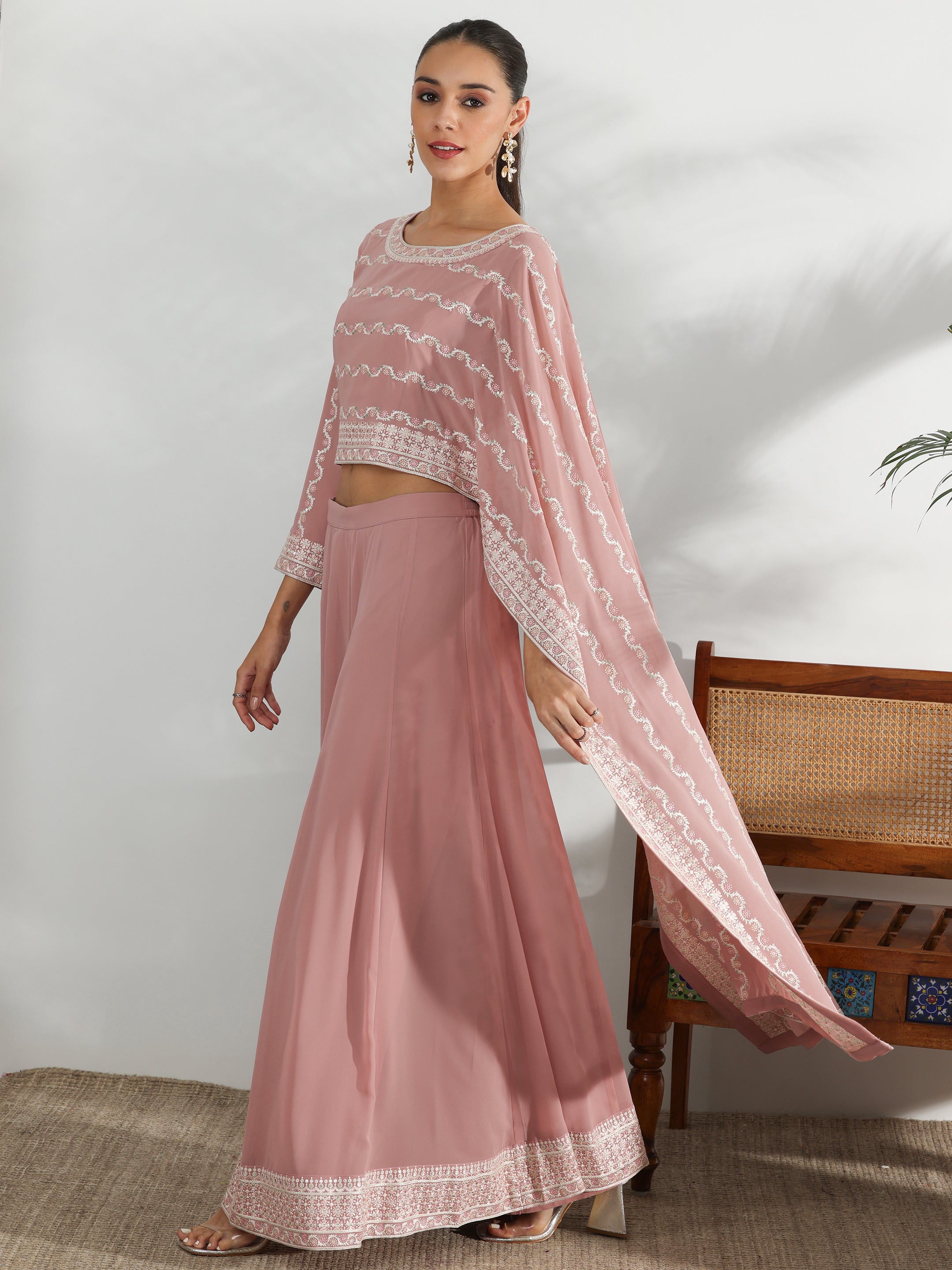 Libas Art Pink Embroidered Georgette Co-Ords