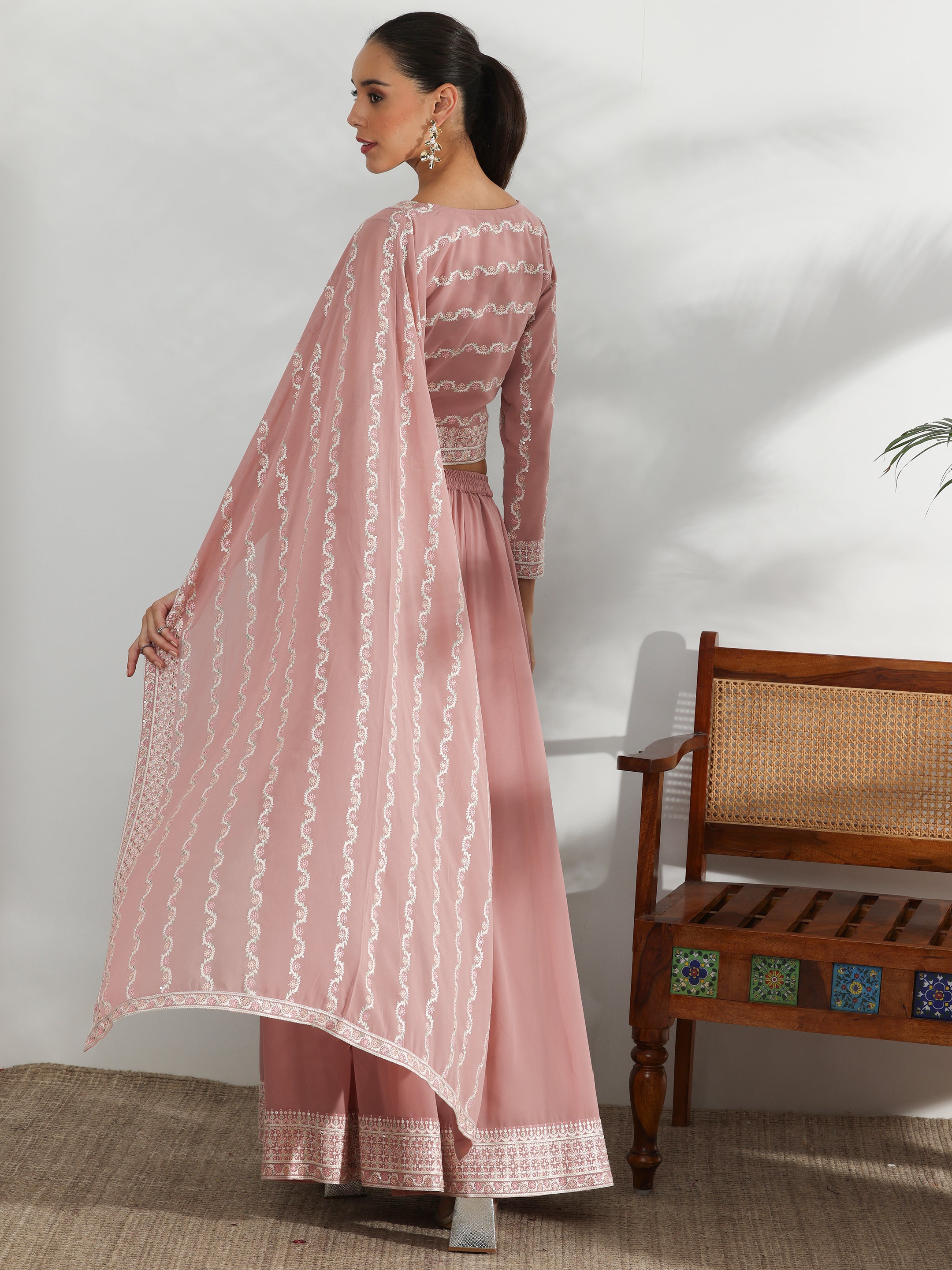 Libas Art Pink Embroidered Georgette Co-Ords