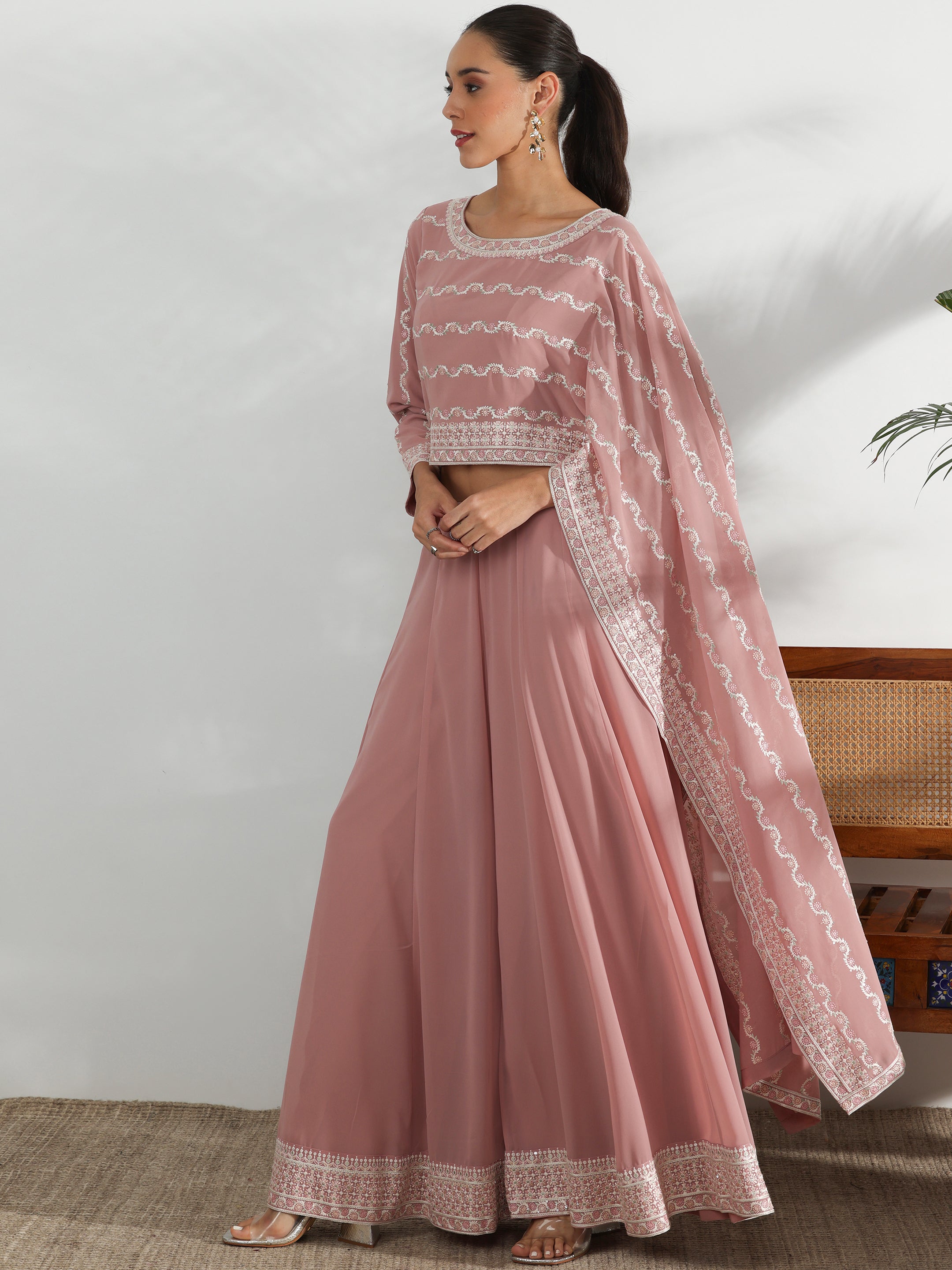 Libas Art Pink Embroidered Georgette Co-Ords