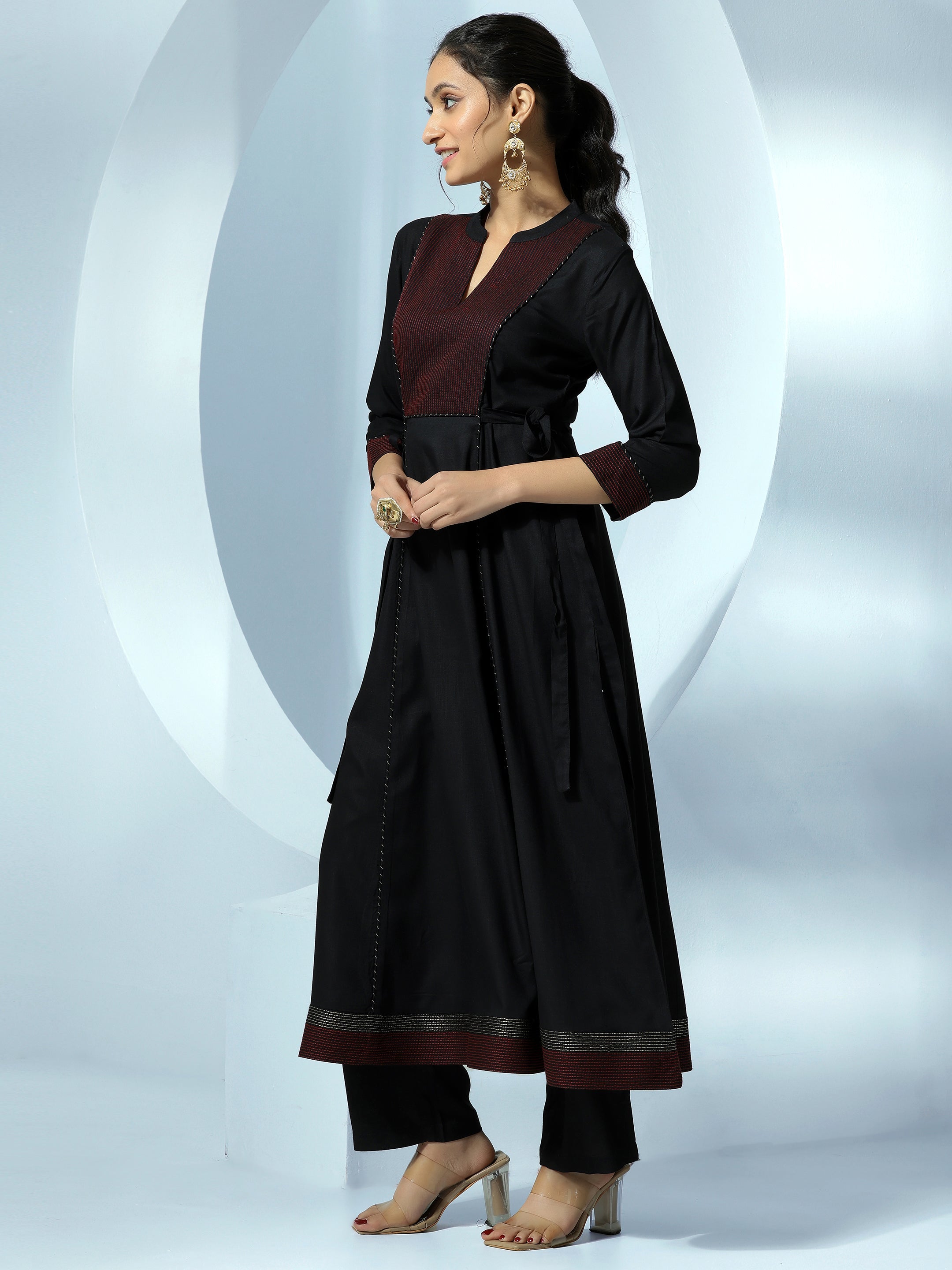 Black Yoke Design Cotton A-Line Kurta With Trousers & Dupatta