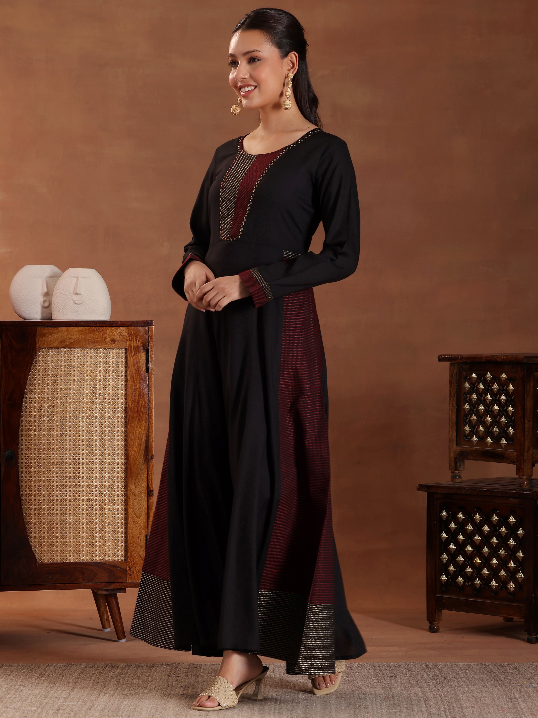 Black Self Design Pure Cotton A-Line Kurta With Trousers