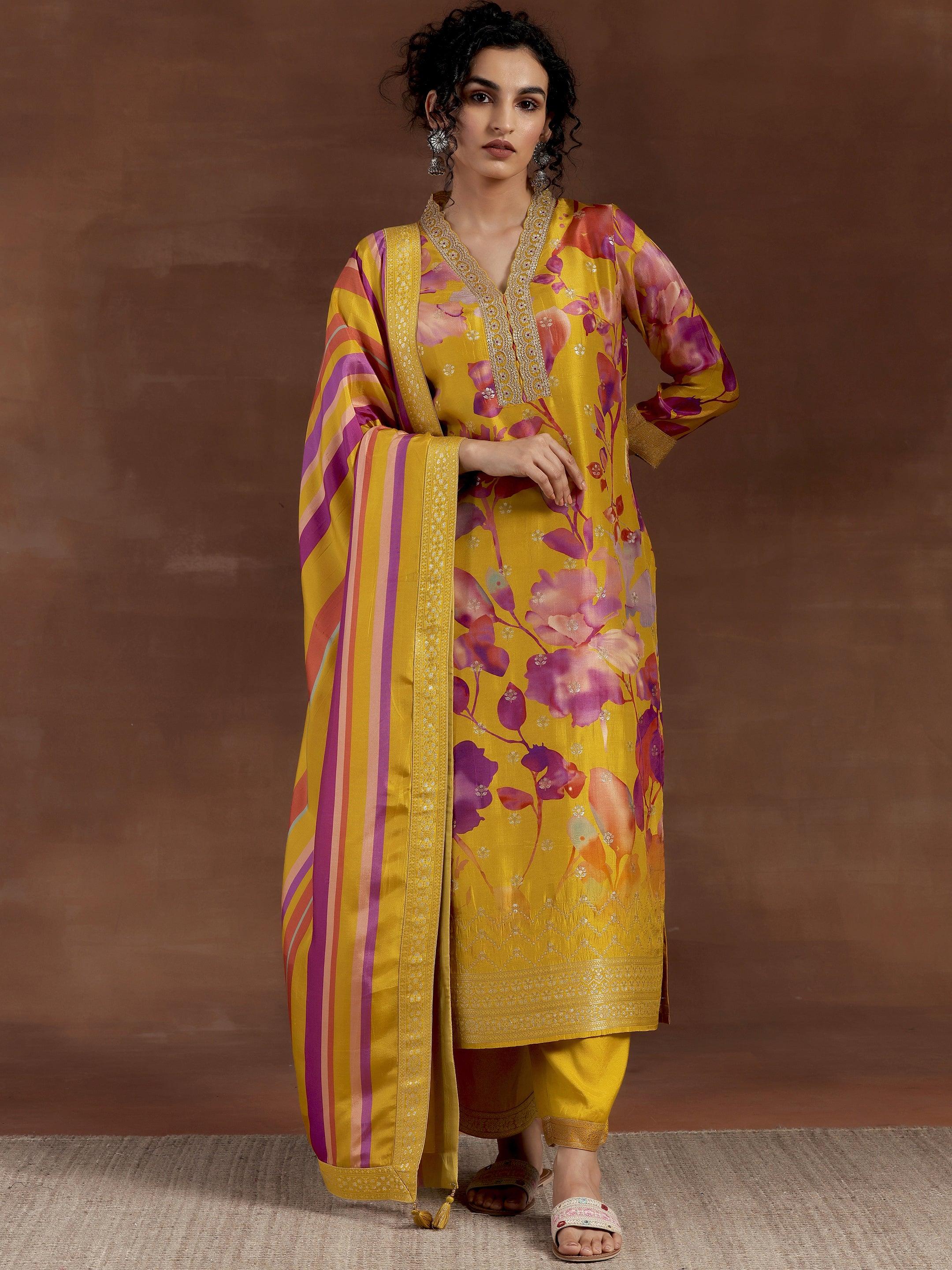 Seher Mustard Printed Silk Blend Straight Kurta With Trousers & Dupatta