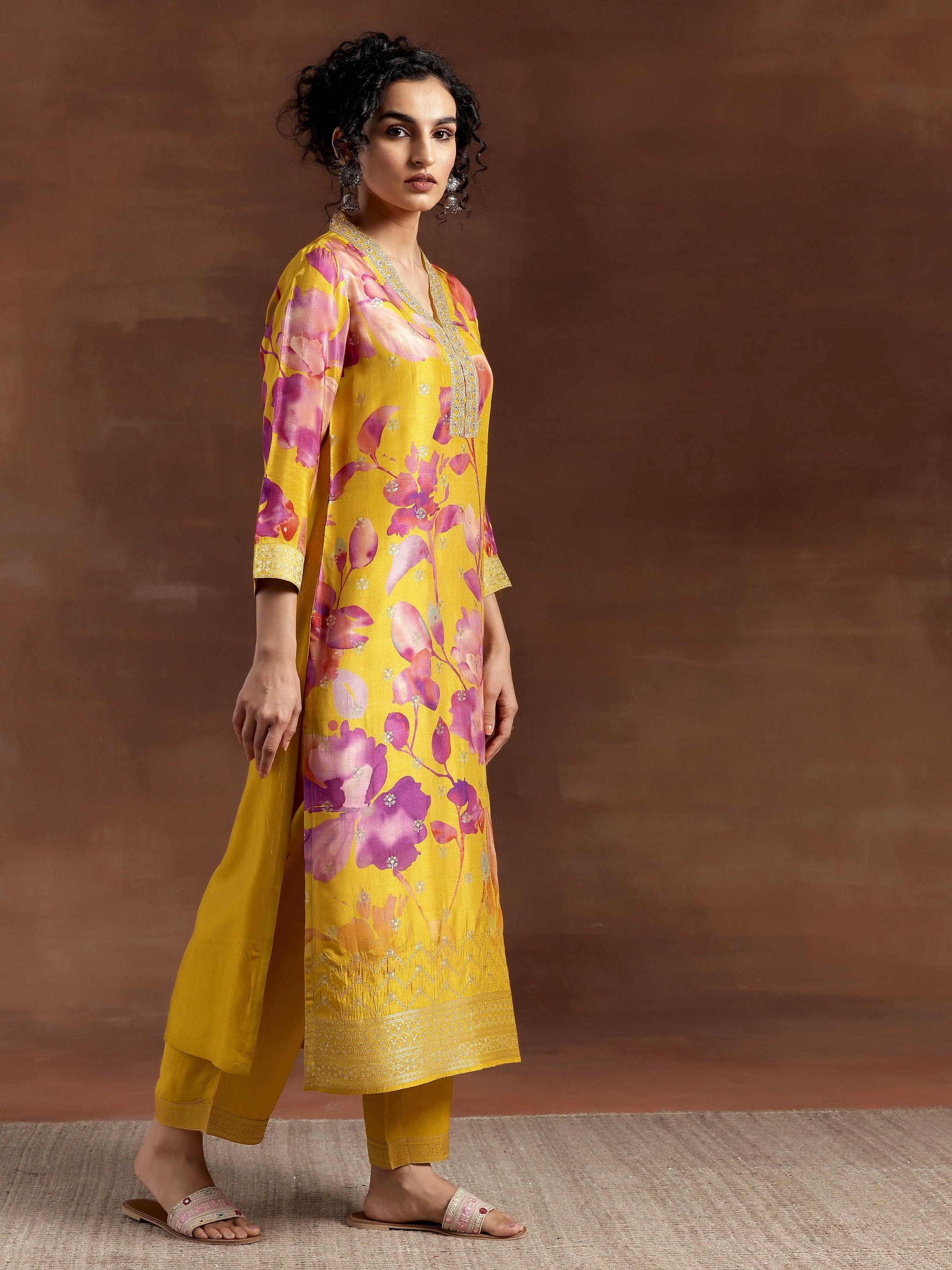 Seher Mustard Printed Silk Blend Straight Kurta With Trousers & Dupatta