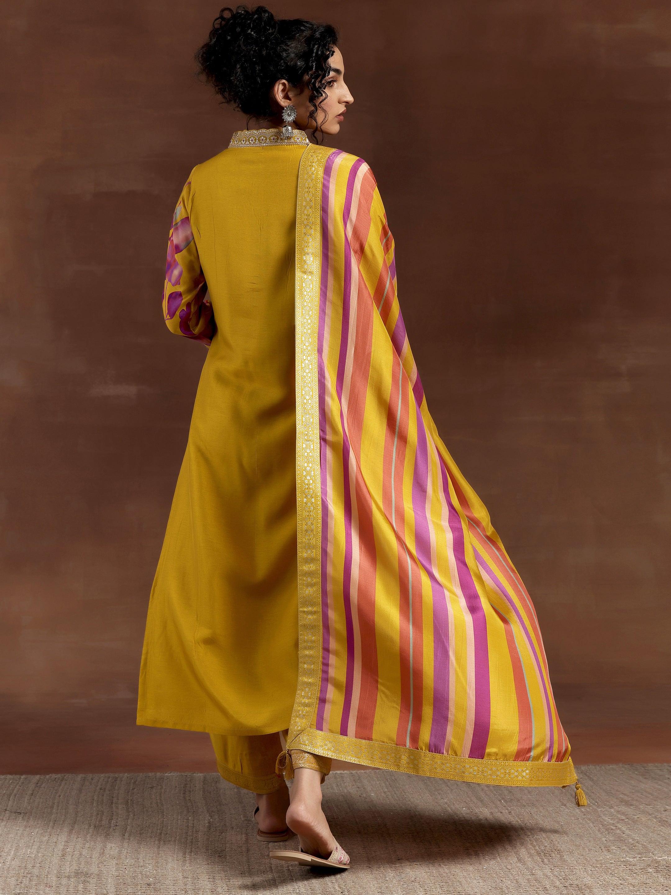 Seher Mustard Printed Silk Blend Straight Kurta With Trousers & Dupatta