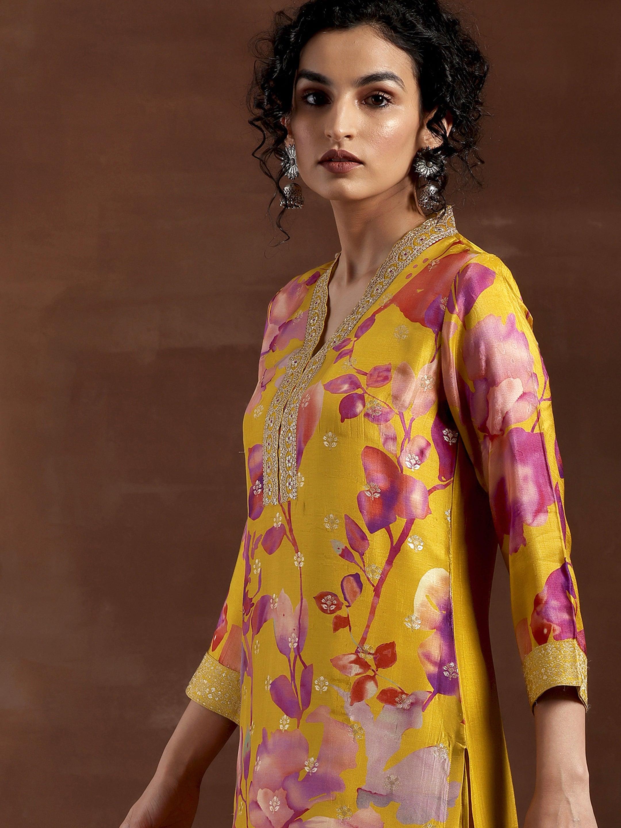 Seher Mustard Printed Silk Blend Straight Kurta With Trousers & Dupatta