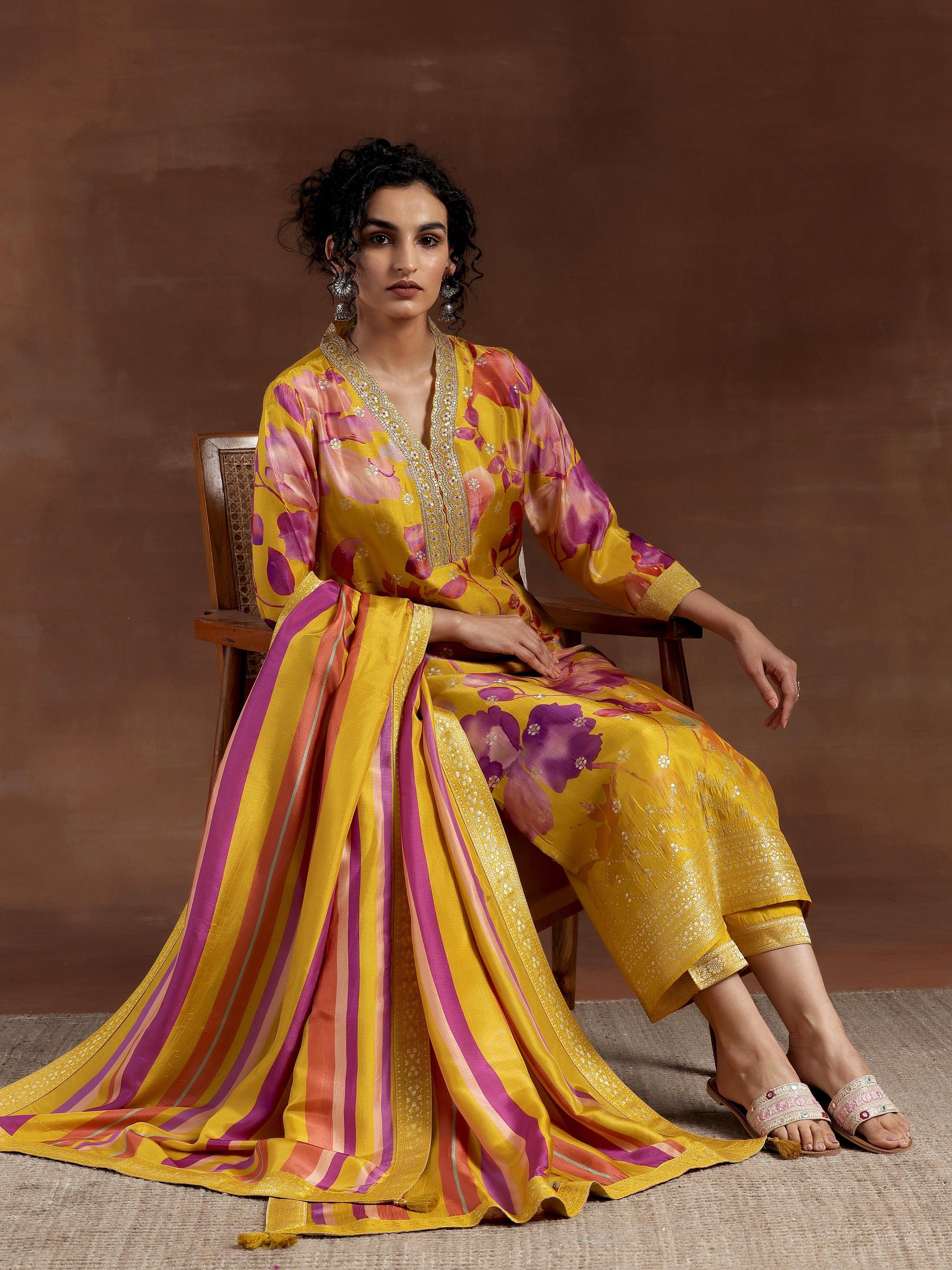 Seher Mustard Printed Silk Blend Straight Kurta With Trousers & Dupatta