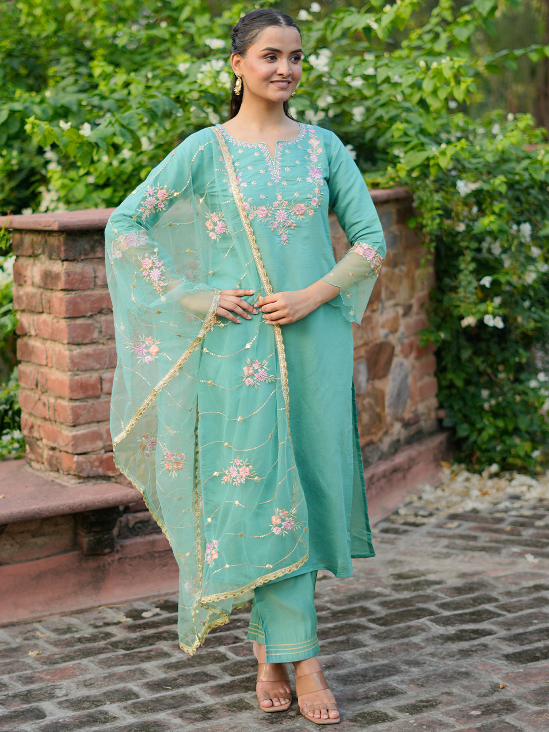 Green Yoke Design Silk Blend Straight Suit With Dupatta