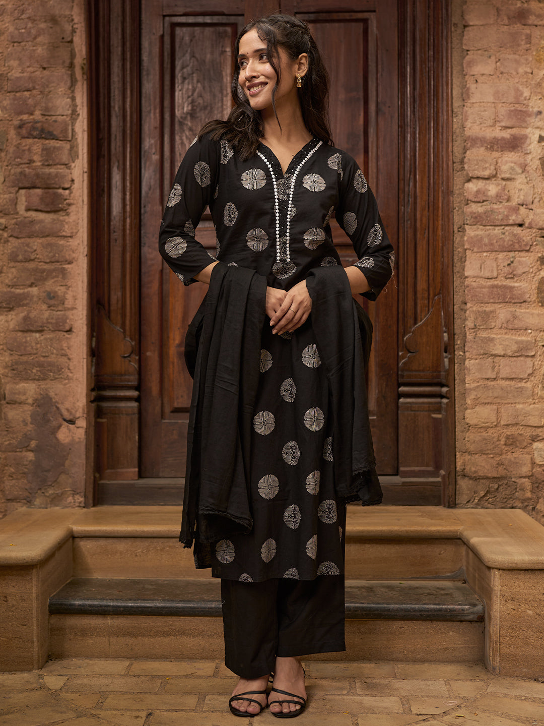 Black Printed Cotton Straight Suit With Dupatta