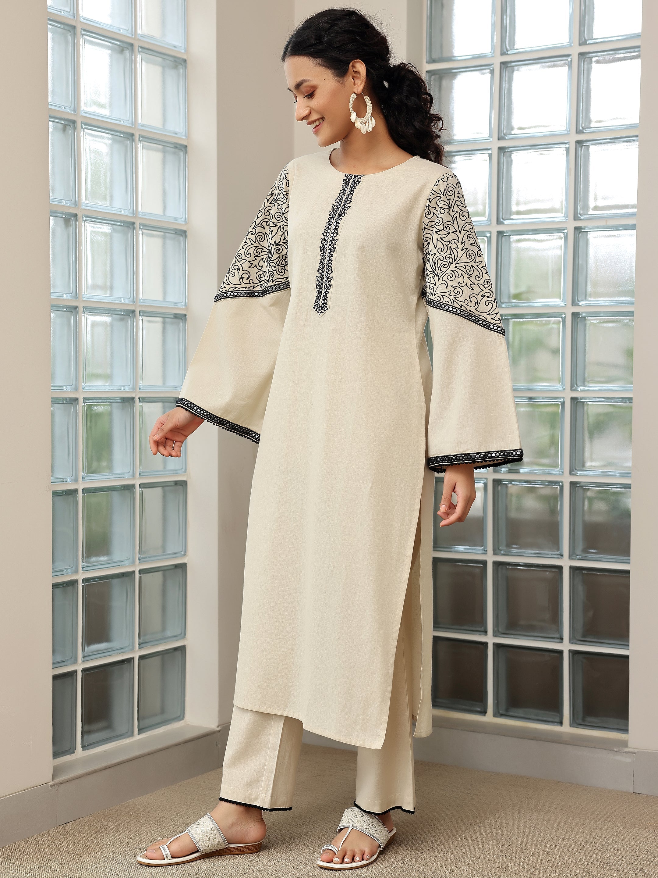 Beige Solid Cotton Blend Straight Suit With Dupatta