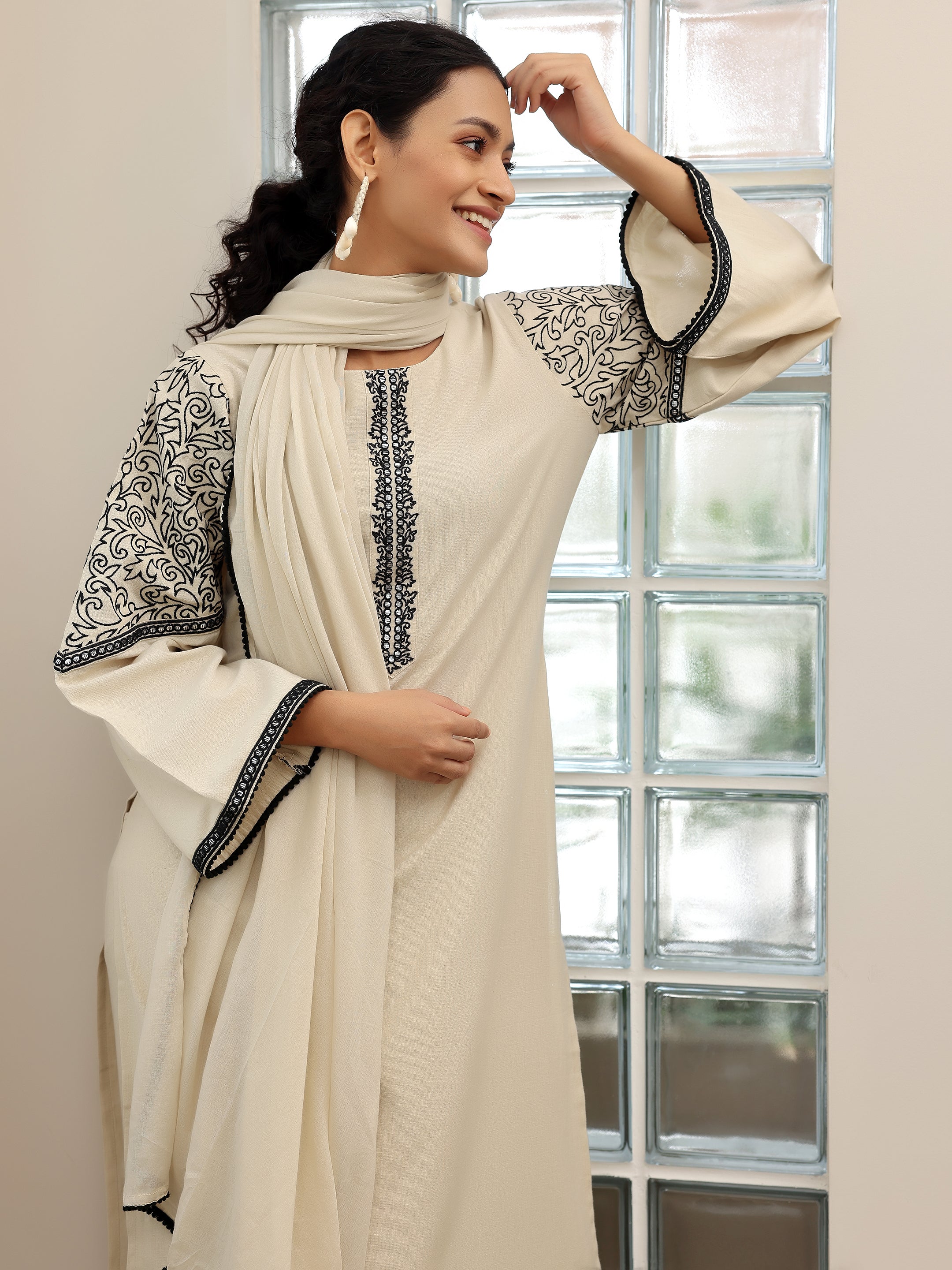 Beige Solid Cotton Blend Straight Suit With Dupatta