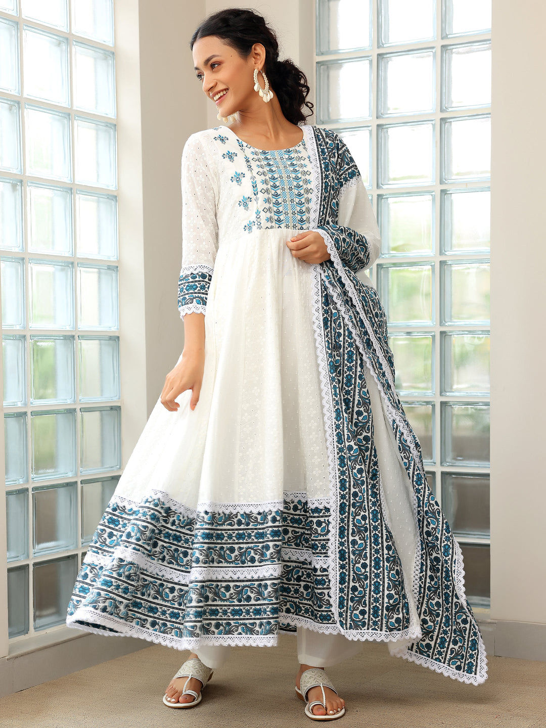 White Self Design Cotton Anarkali Suit With Dupatta