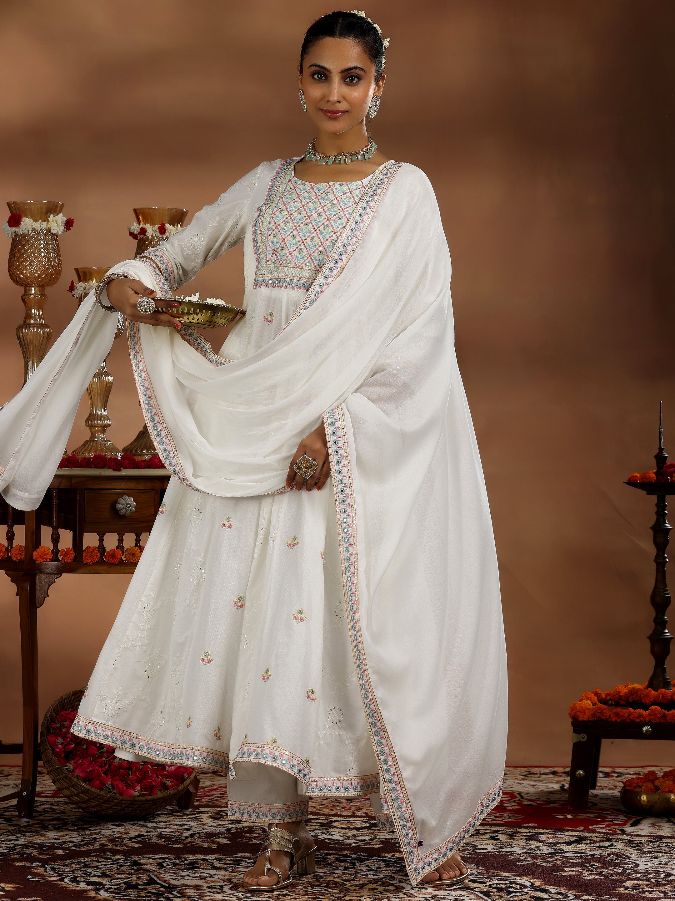 White Embroidered Cotton A-Line Kurta With Trousers & Dupatta