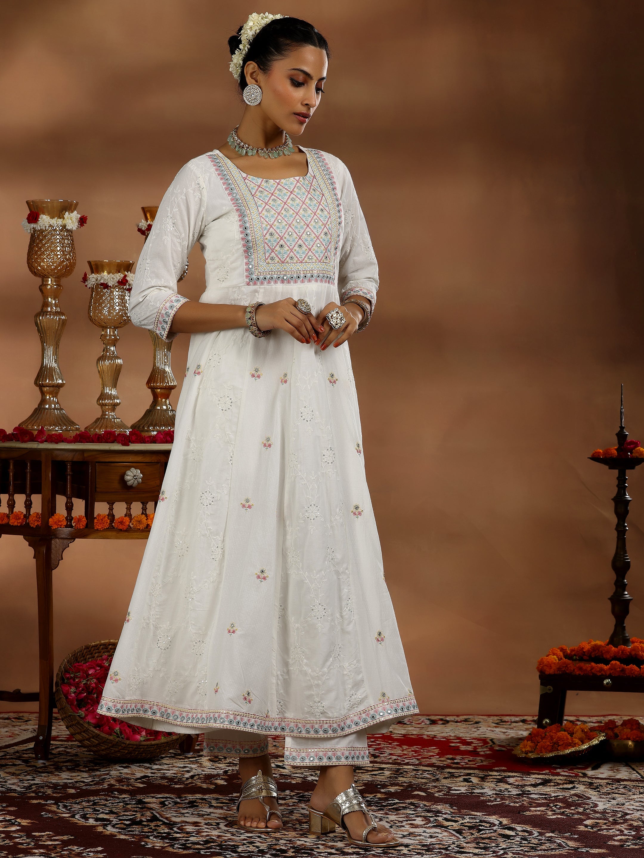 White Embroidered Cotton A-Line Kurta With Trousers & Dupatta