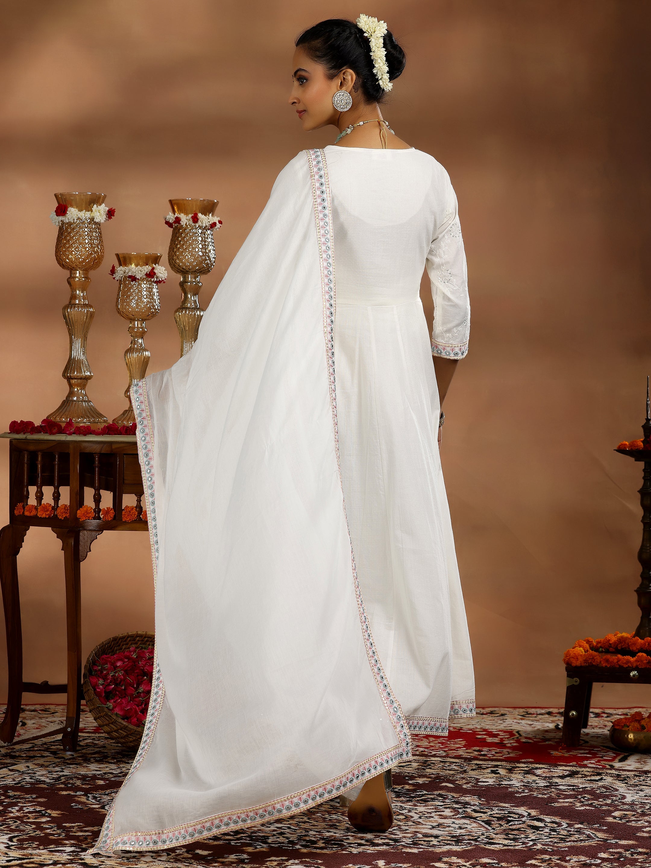 White Embroidered Cotton A-Line Kurta With Trousers & Dupatta