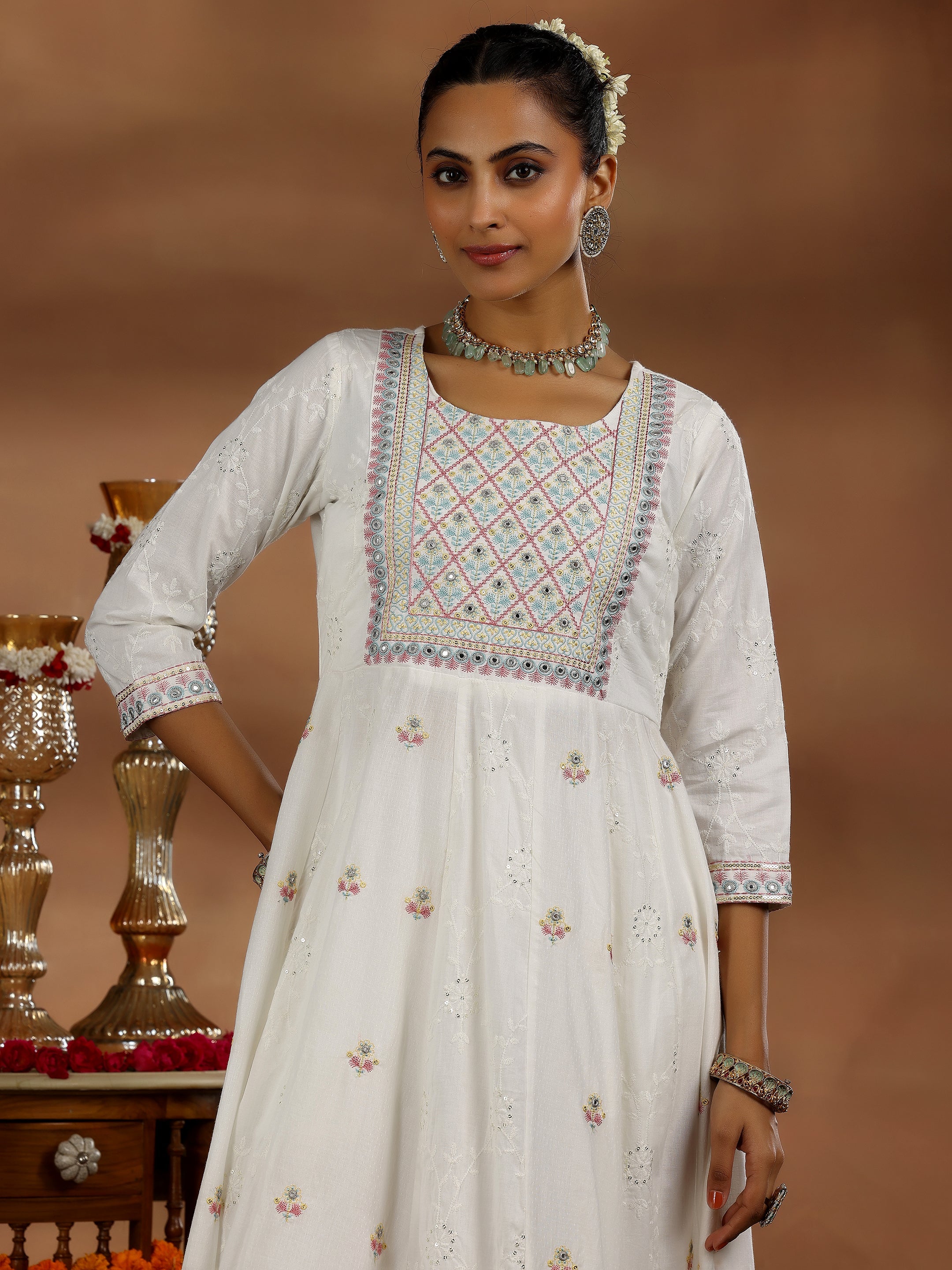 White Embroidered Cotton A-Line Kurta With Trousers & Dupatta