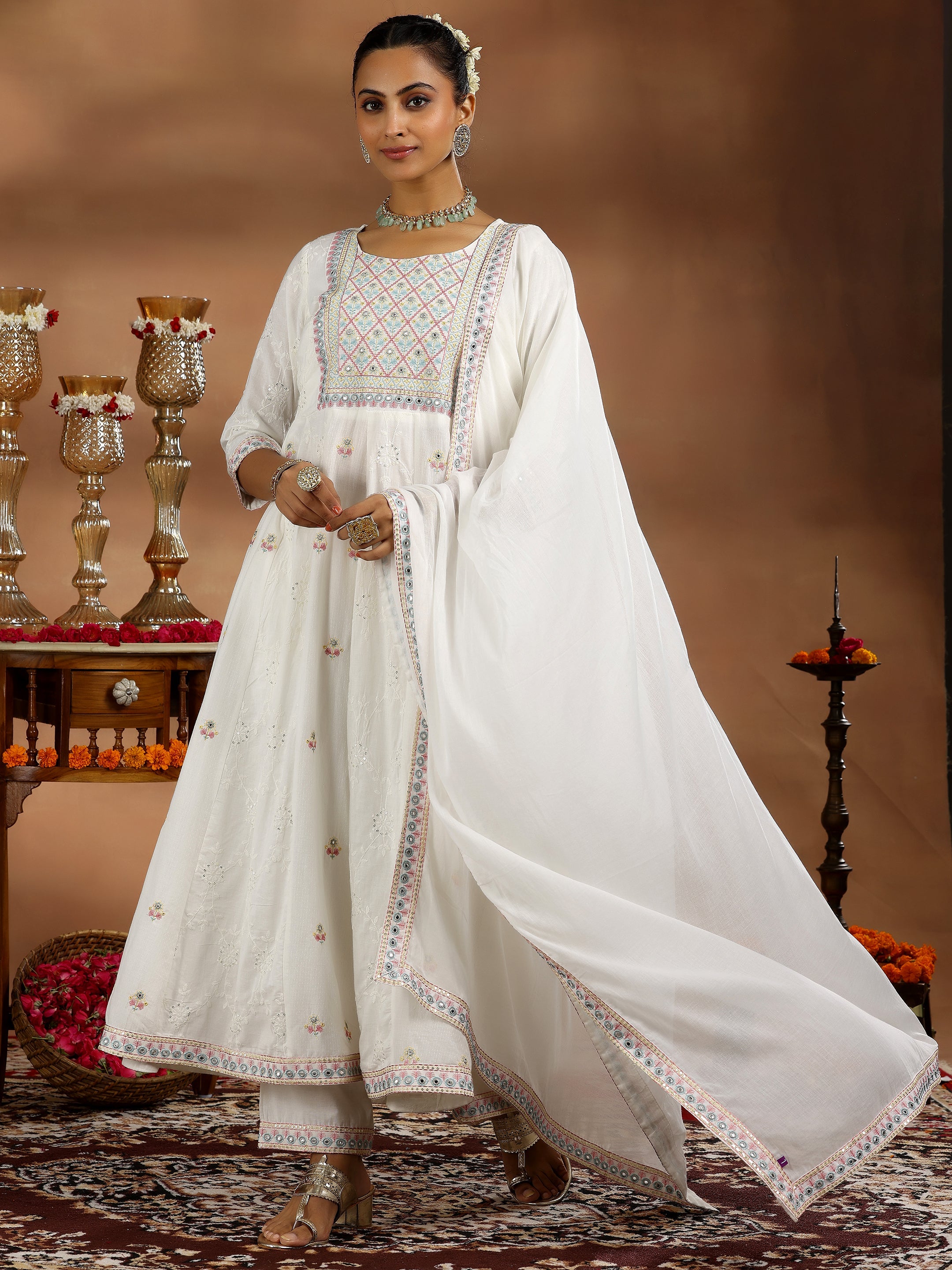 White Embroidered Cotton A-Line Kurta With Trousers & Dupatta