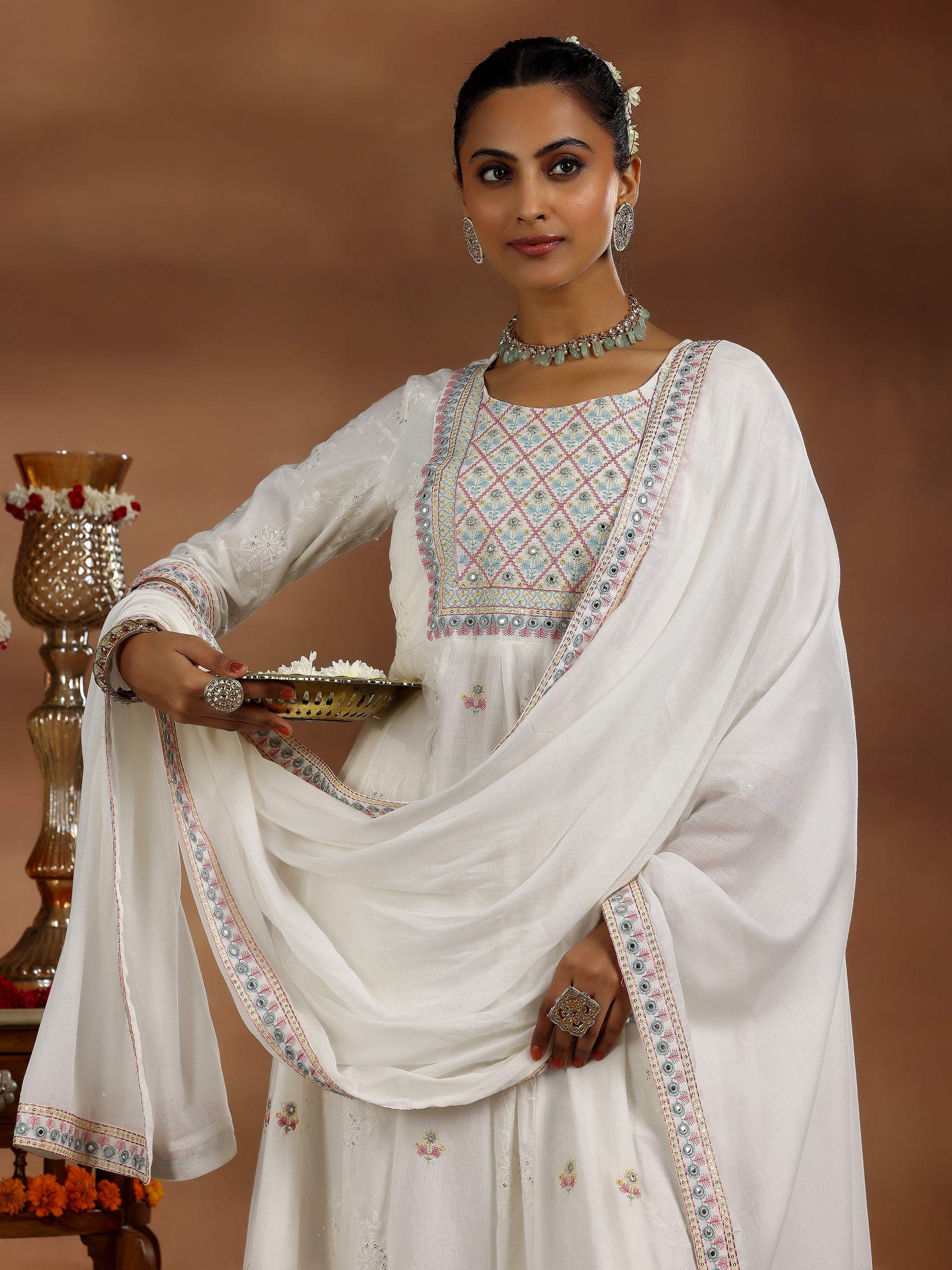 White Embroidered Cotton A-Line Kurta With Trousers & Dupatta