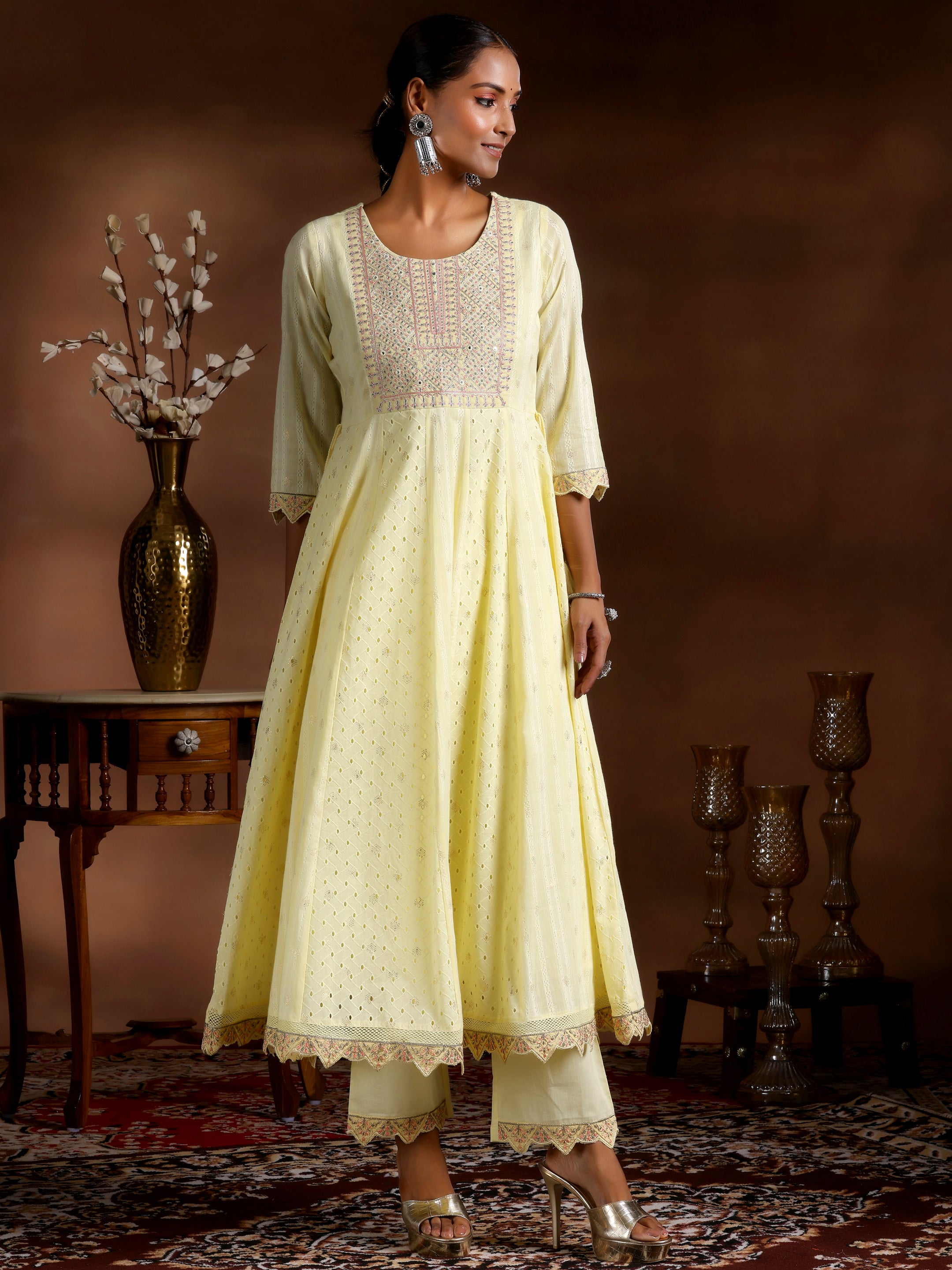 Yellow Embroidered Cotton A-Line Kurta With Trousers & Dupatta