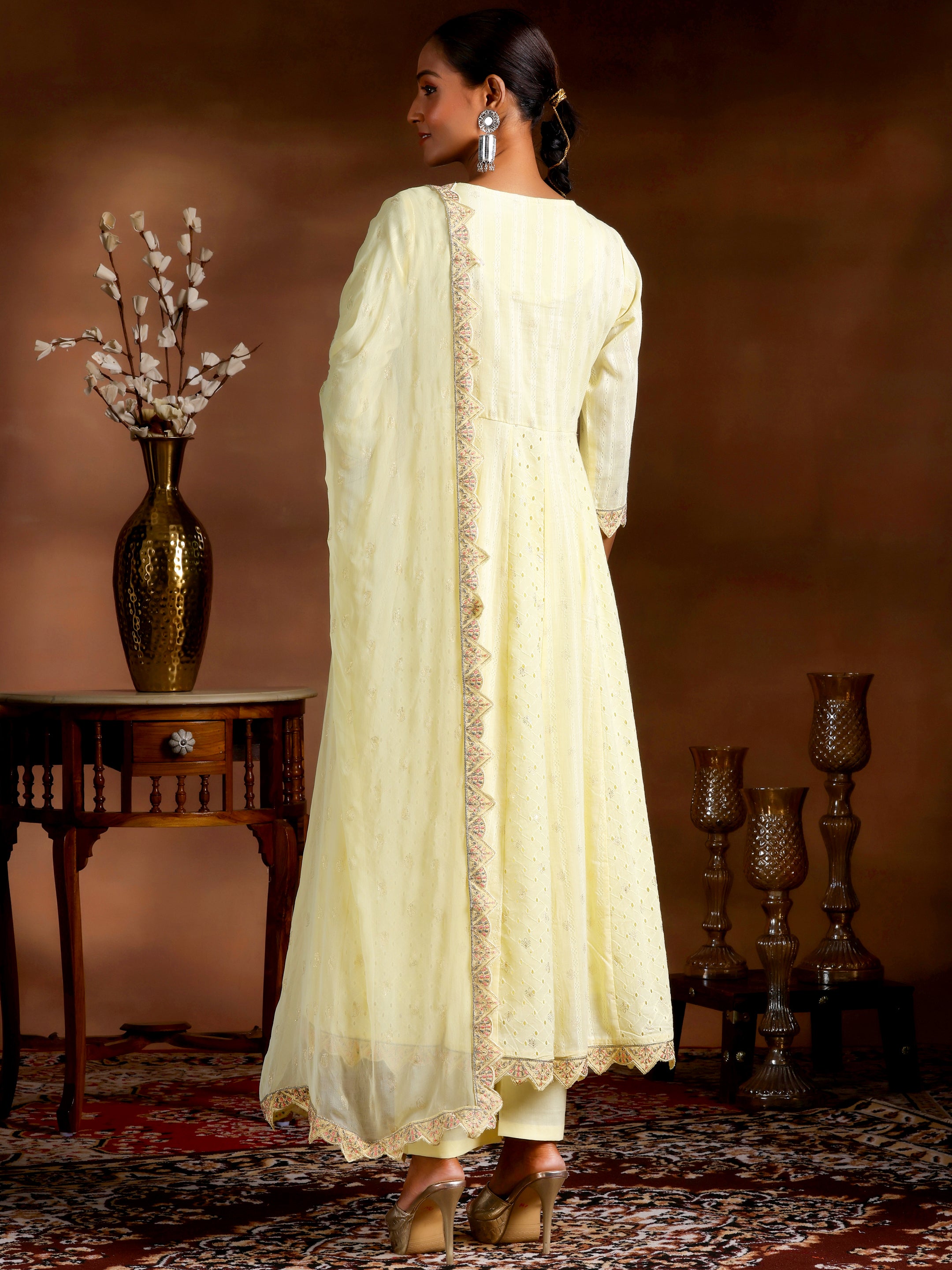 Yellow Embroidered Cotton A-Line Kurta With Trousers & Dupatta