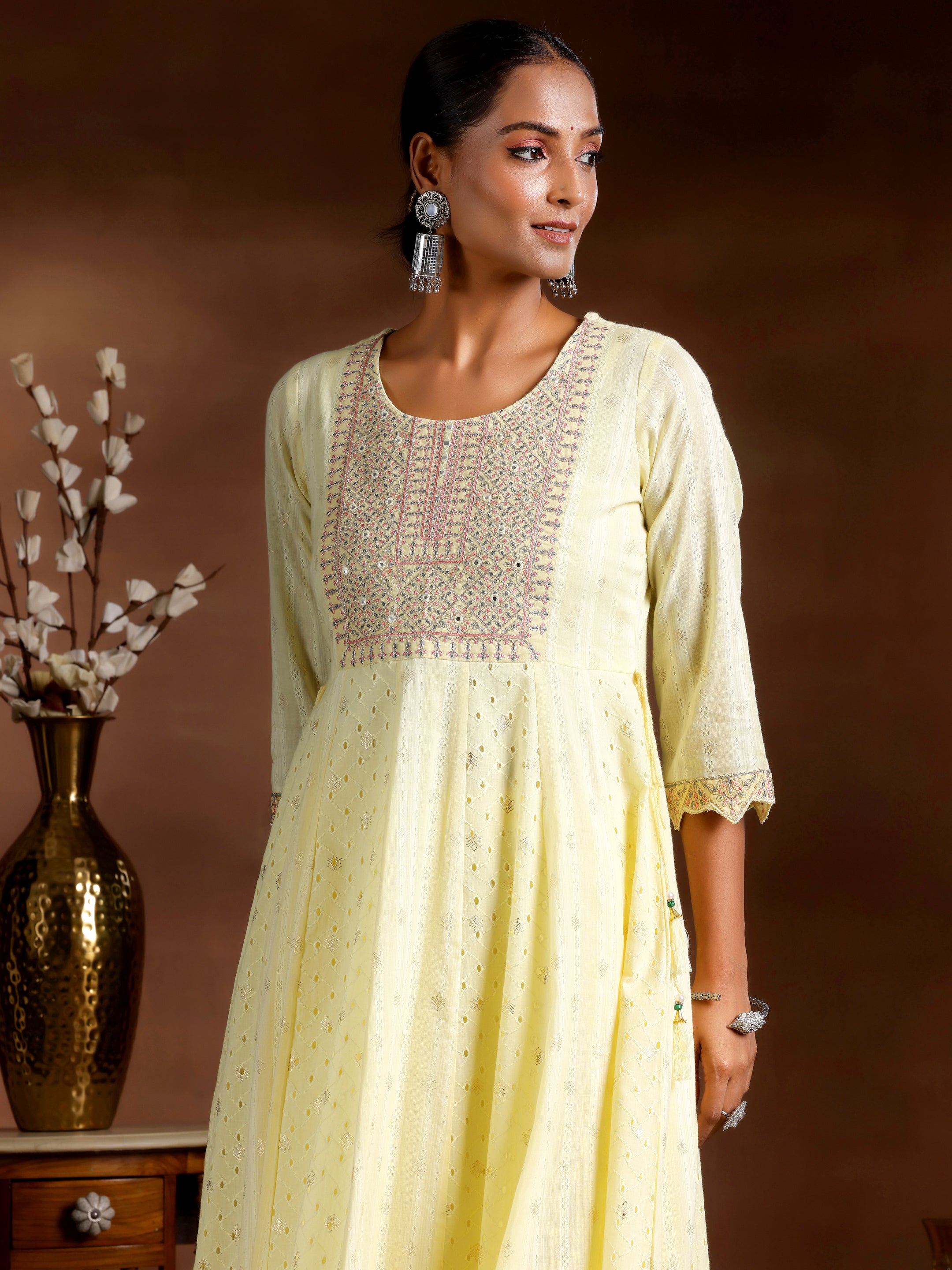 Yellow Embroidered Cotton A-Line Kurta With Trousers & Dupatta