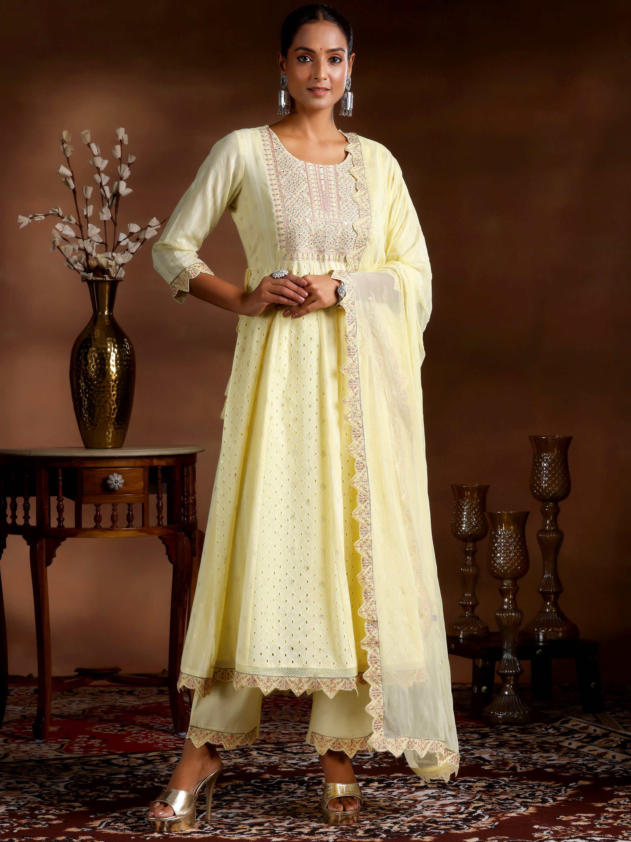 Yellow Embroidered Cotton A-Line Kurta With Trousers & Dupatta