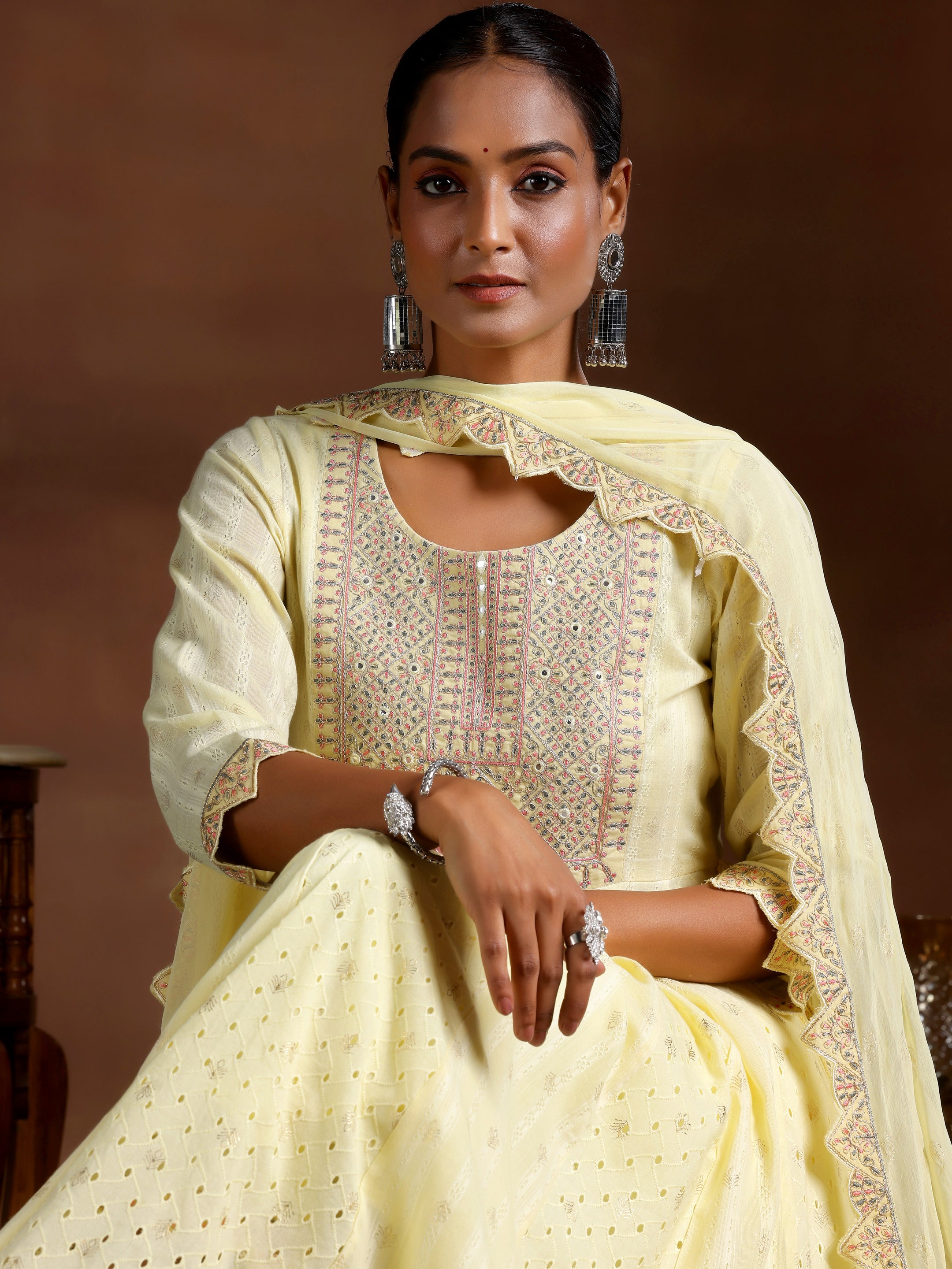 Yellow Embroidered Cotton A-Line Kurta With Trousers & Dupatta