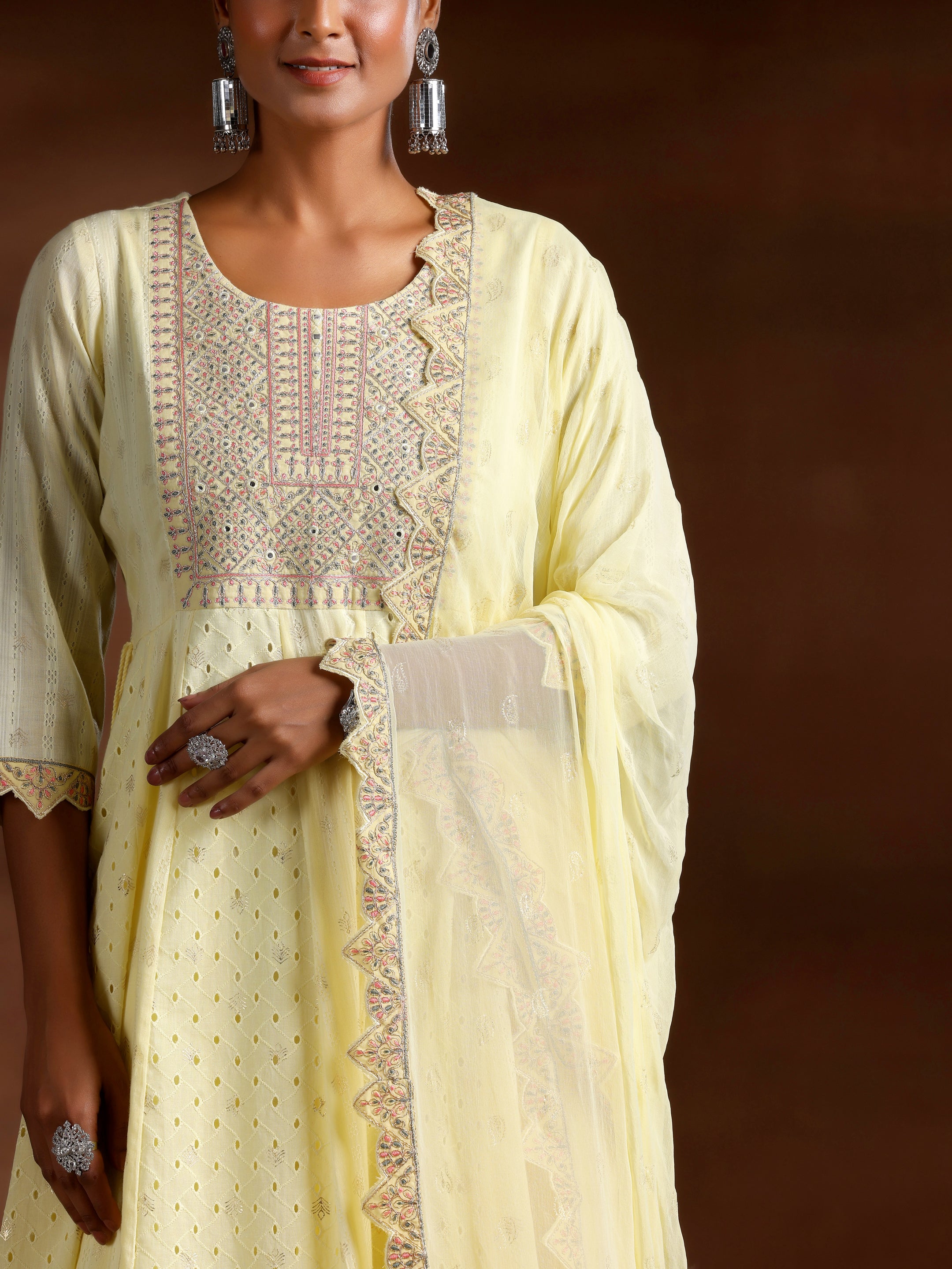 Yellow Embroidered Cotton A-Line Kurta With Trousers & Dupatta