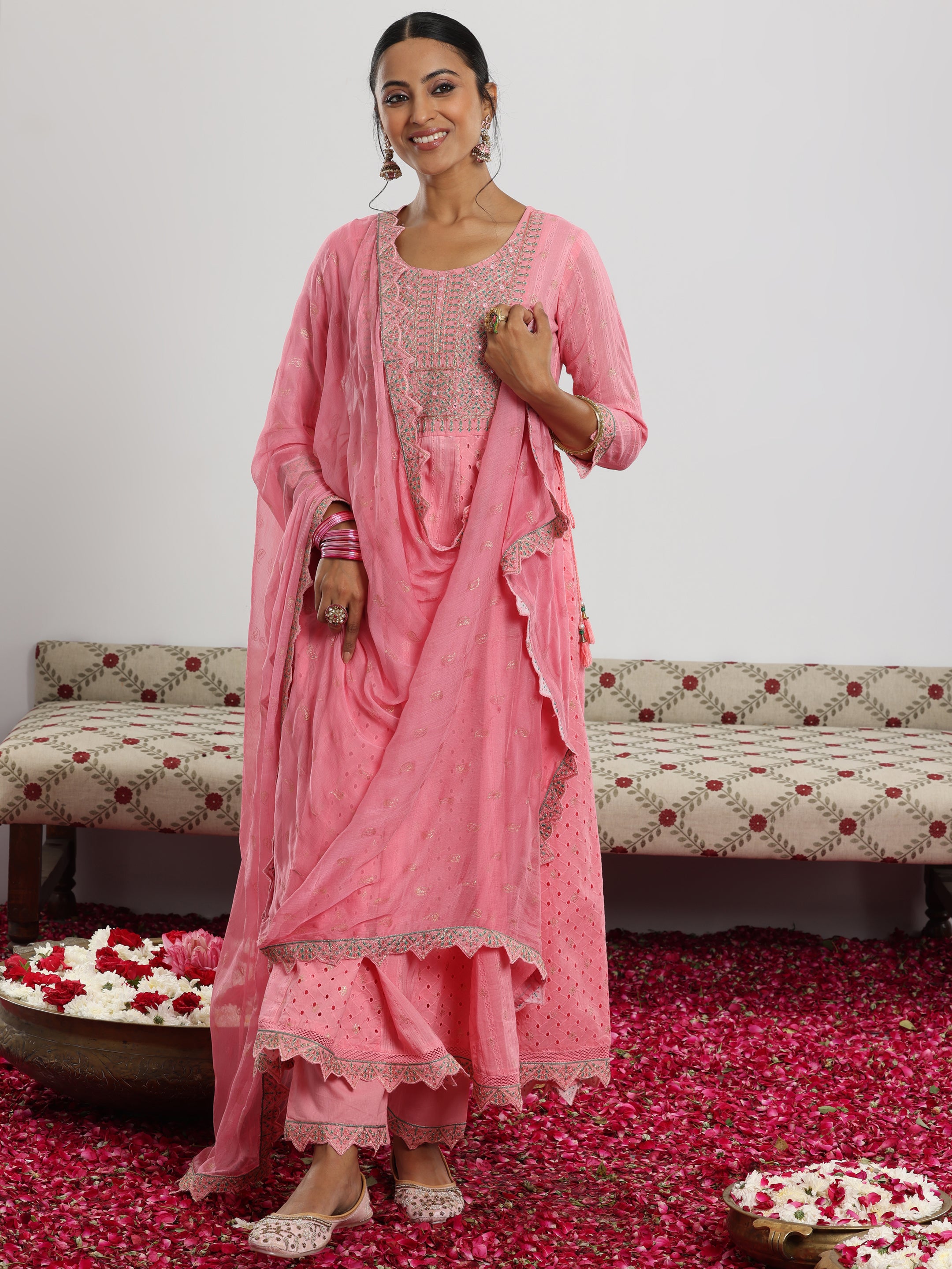 Pink Embroidered Cotton A-Line Kurta With Trousers & Dupatta