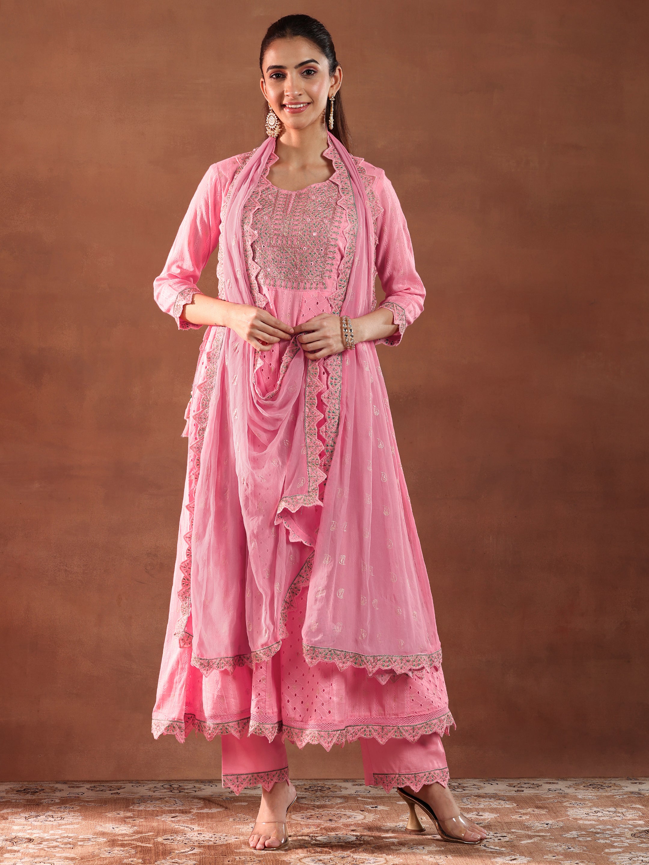 Pink Embroidered Cotton A-Line Kurta With Trousers & Dupatta