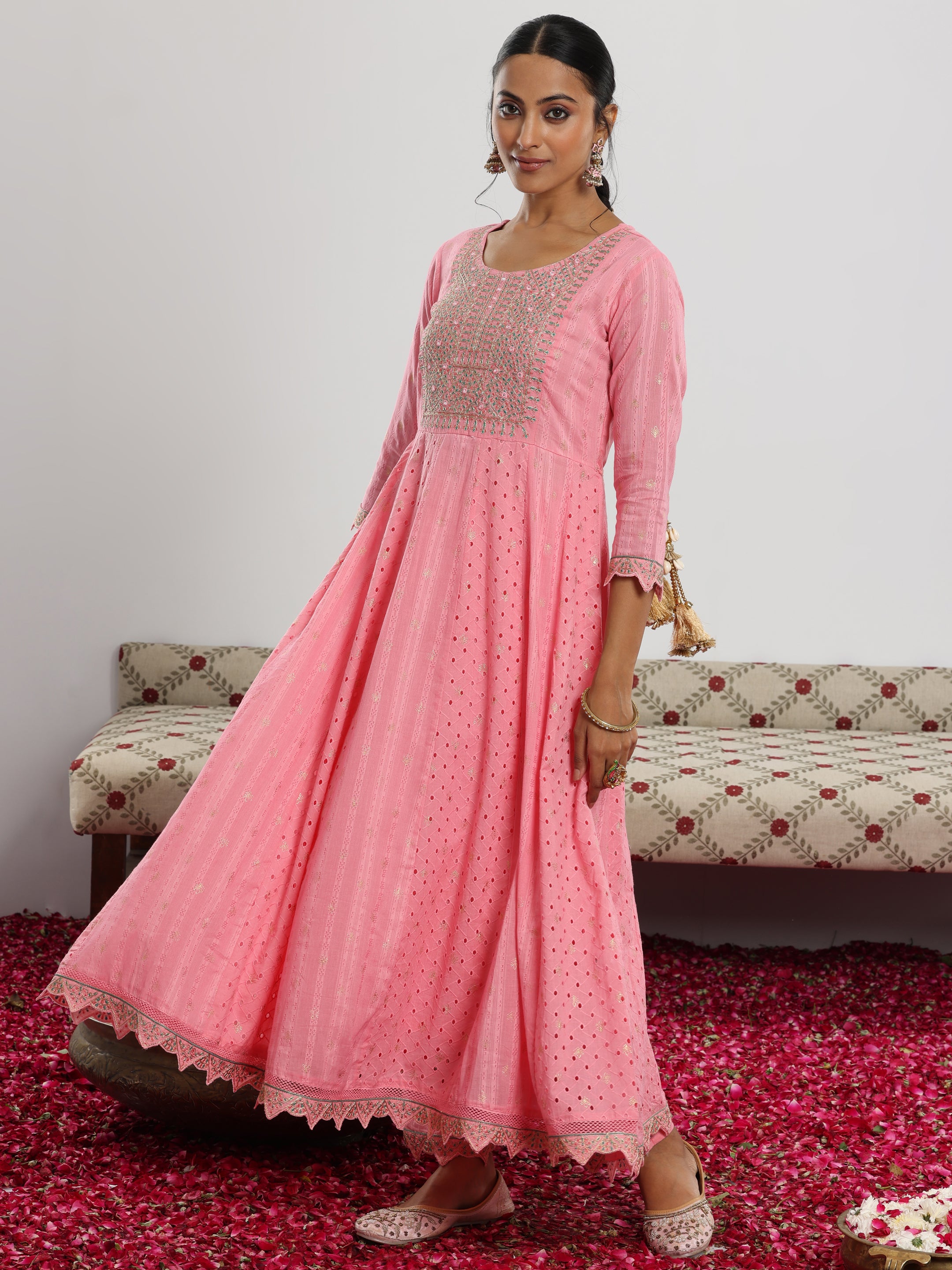 Pink Embroidered Cotton A-Line Kurta With Trousers & Dupatta