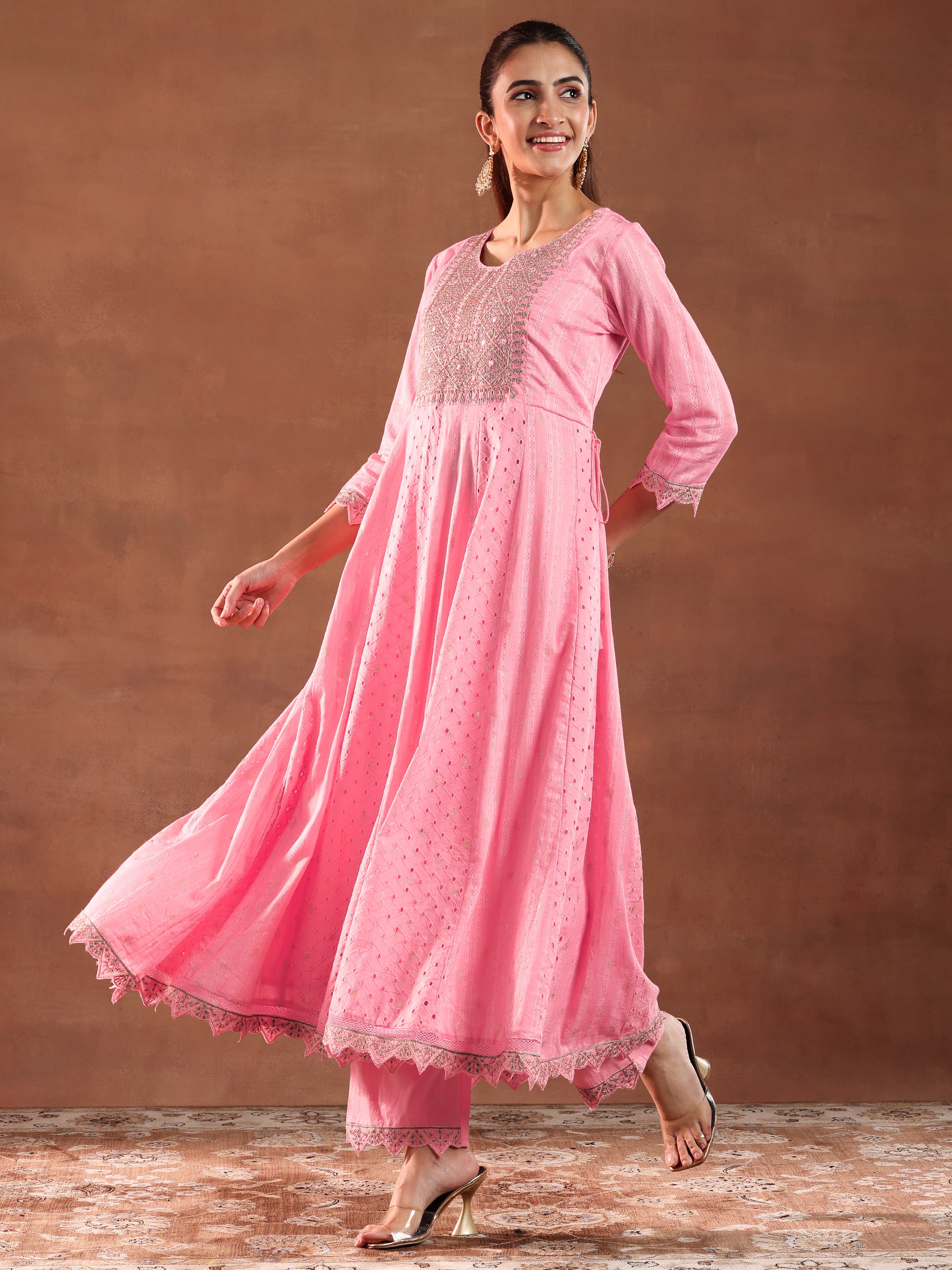 Pink Embroidered Cotton A-Line Kurta With Trousers & Dupatta