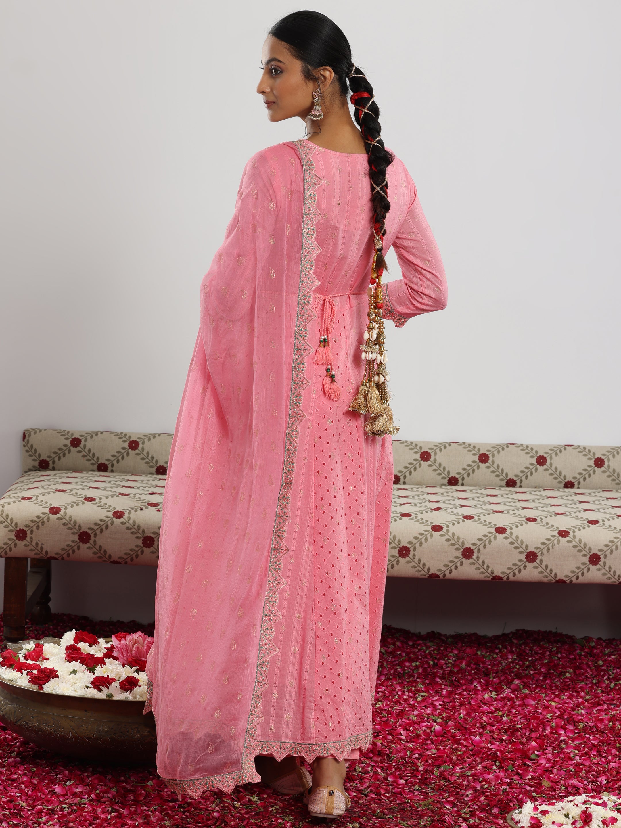 Pink Embroidered Cotton A-Line Kurta With Trousers & Dupatta