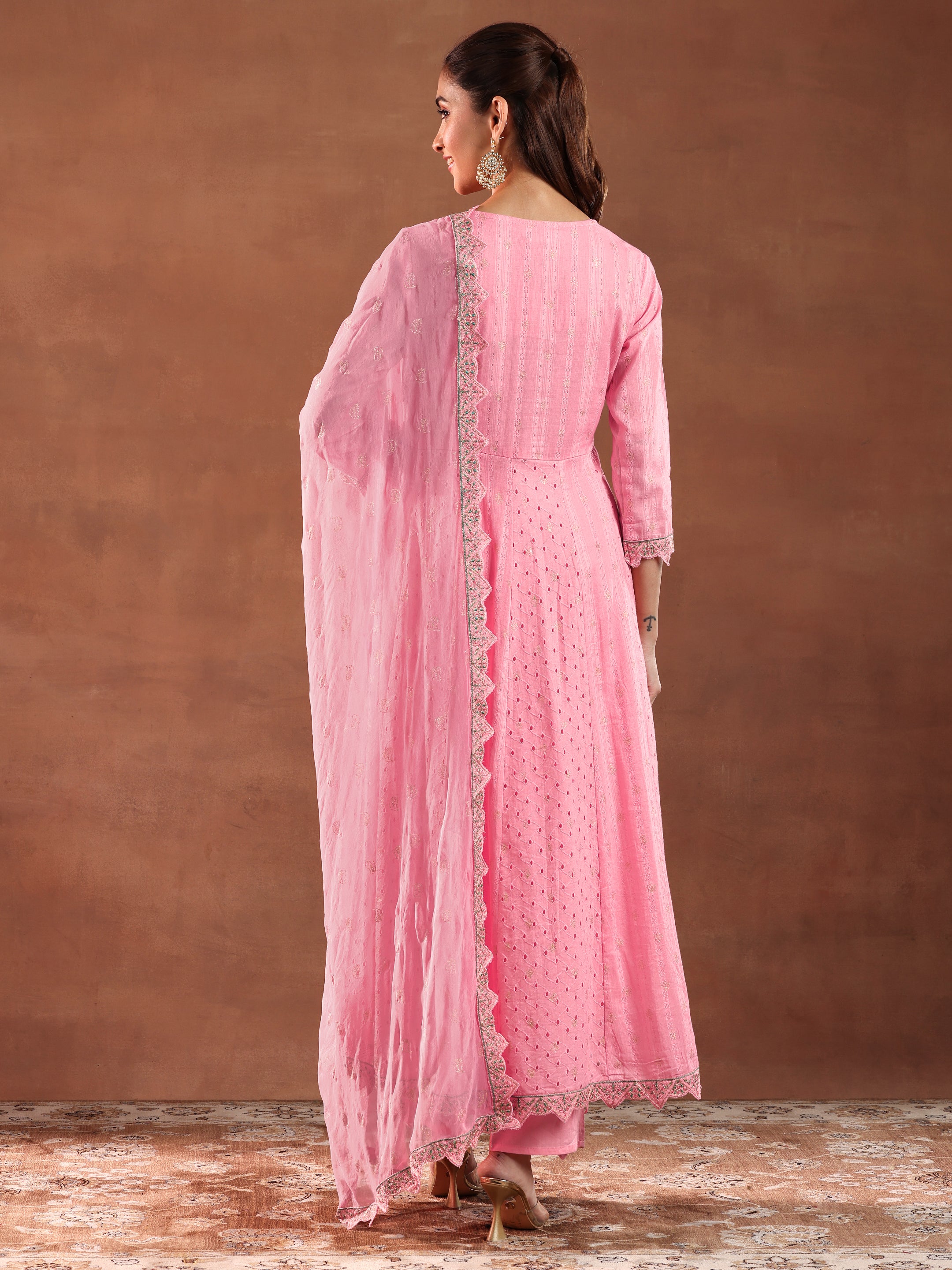 Pink Embroidered Cotton A-Line Kurta With Trousers & Dupatta