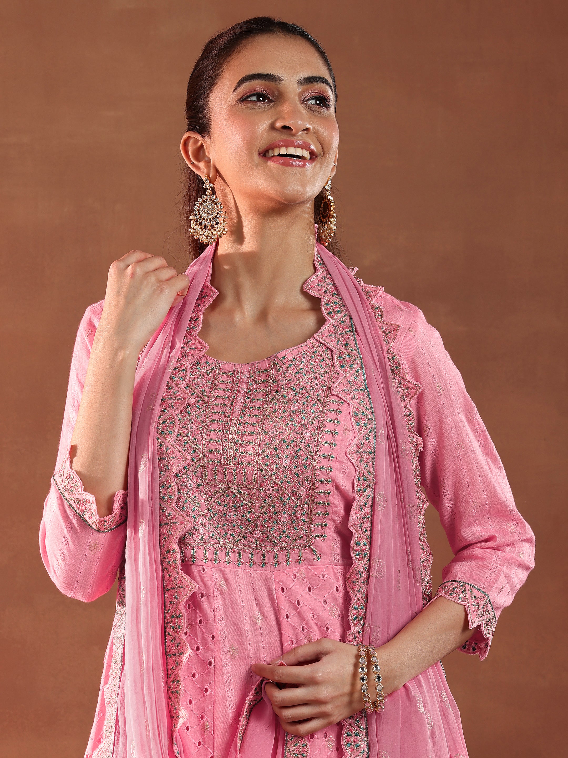 Pink Embroidered Cotton A-Line Kurta With Trousers & Dupatta