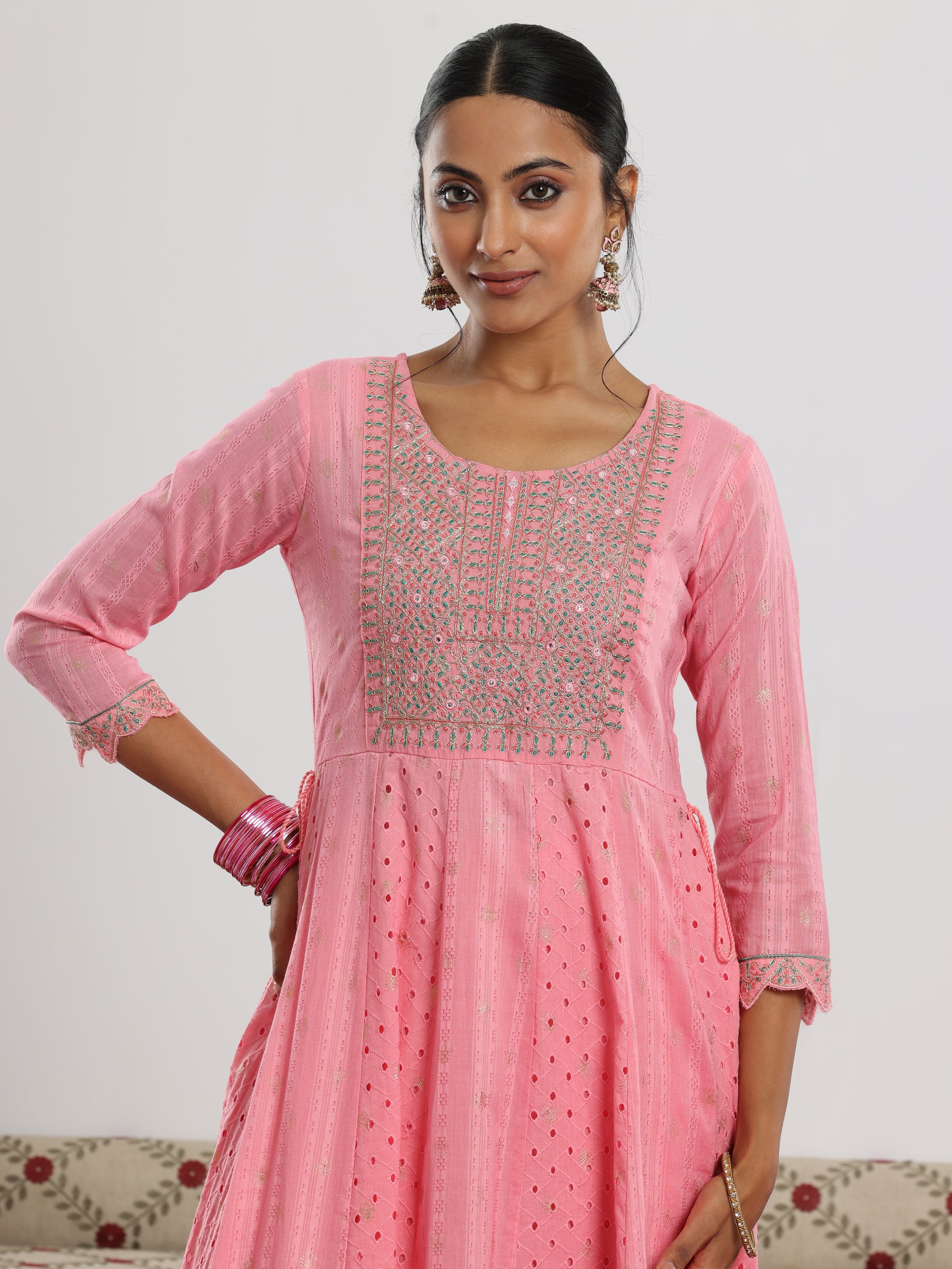 Pink Embroidered Cotton A-Line Kurta With Trousers & Dupatta