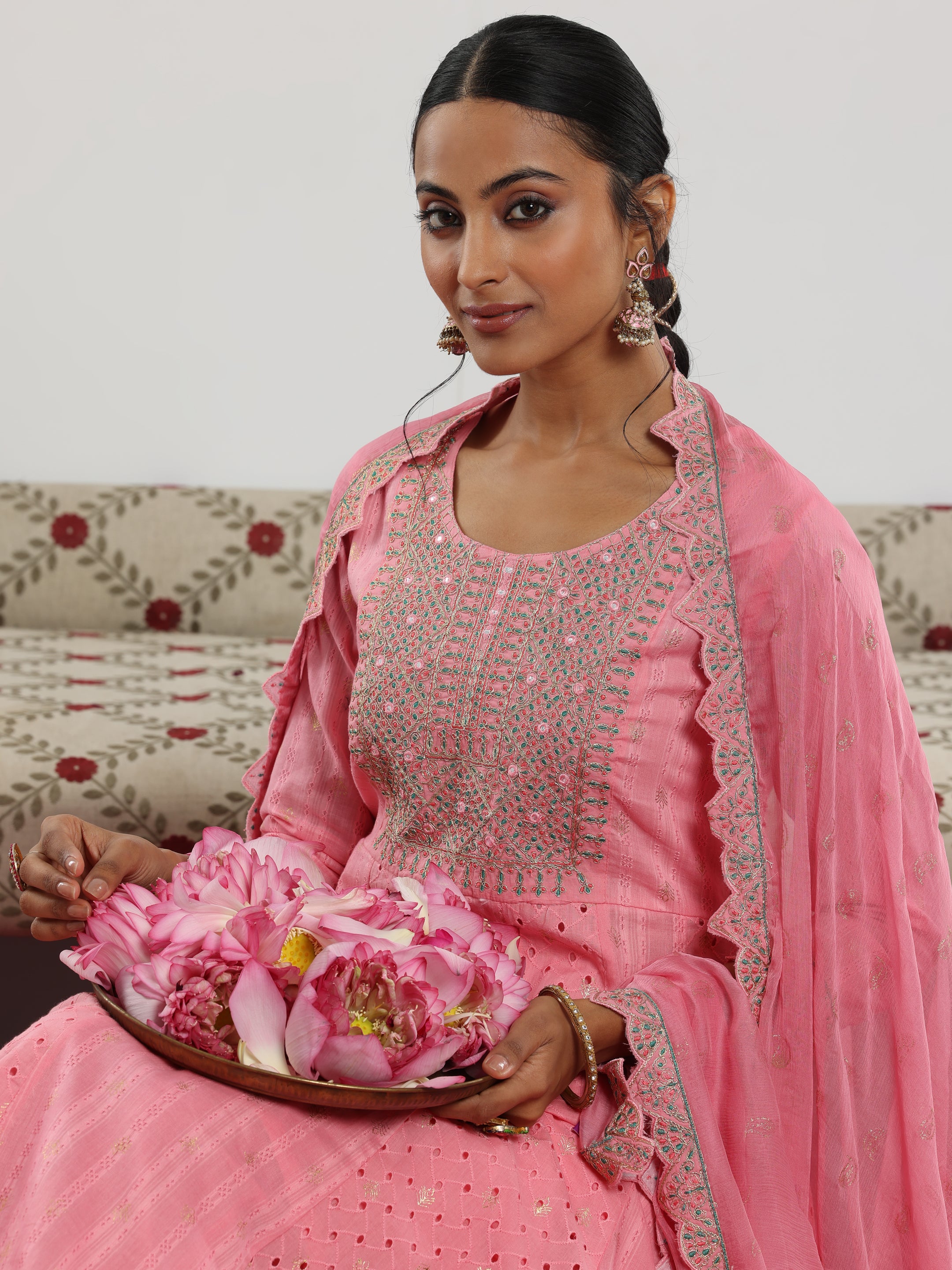 Pink Embroidered Cotton A-Line Kurta With Trousers & Dupatta