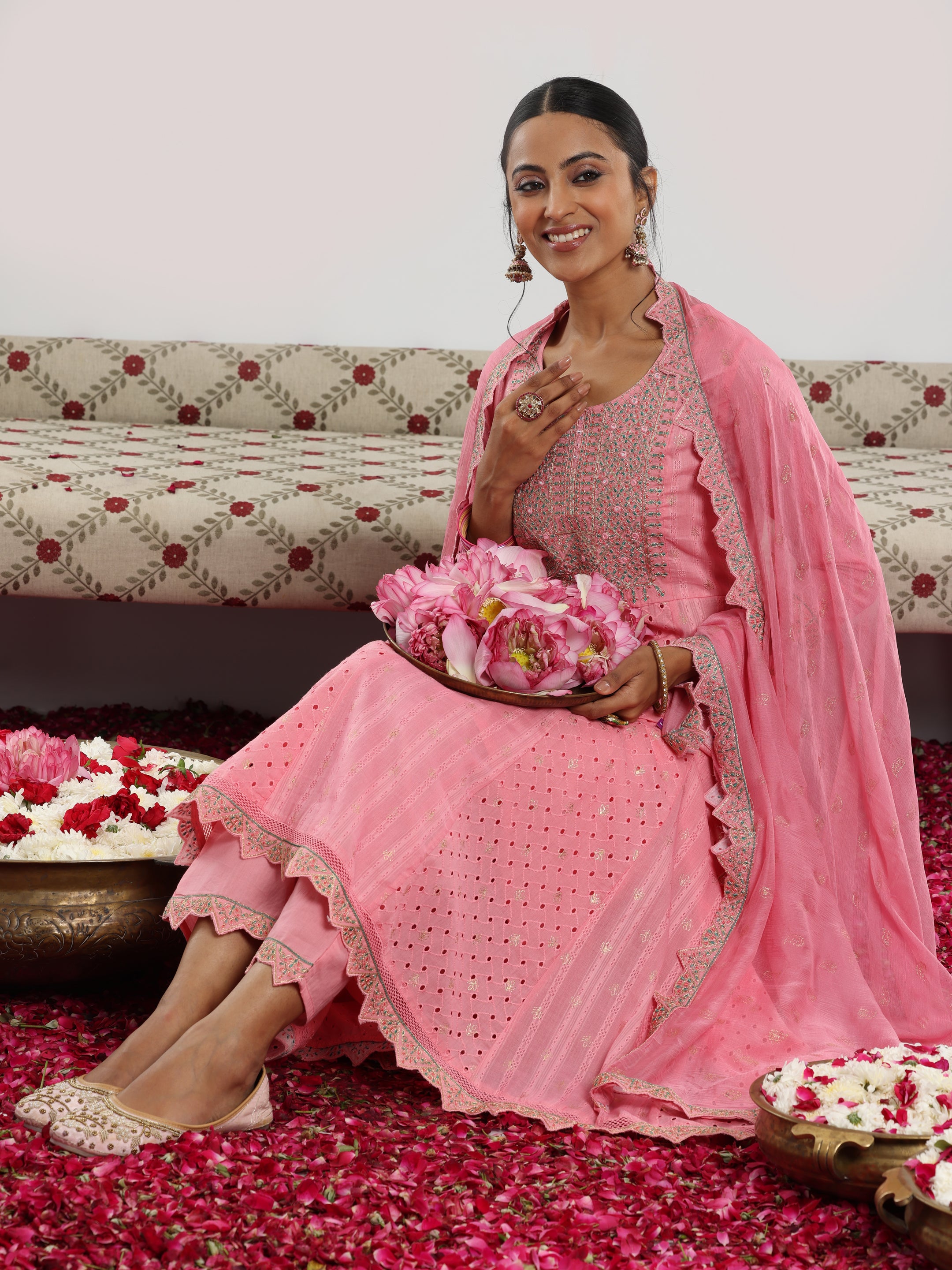 Pink Embroidered Cotton A-Line Kurta With Trousers & Dupatta