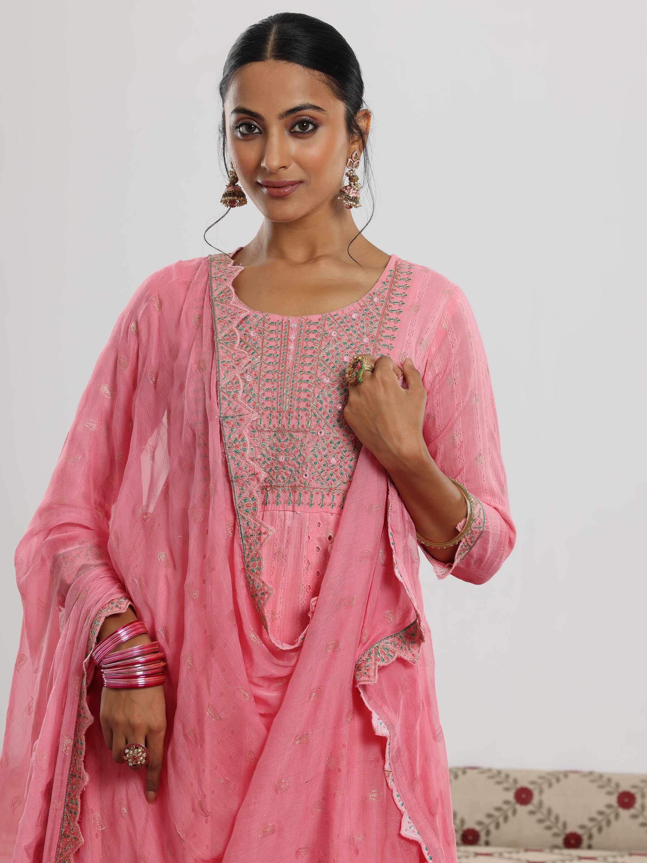 Pink Embroidered Cotton A-Line Kurta With Trousers & Dupatta