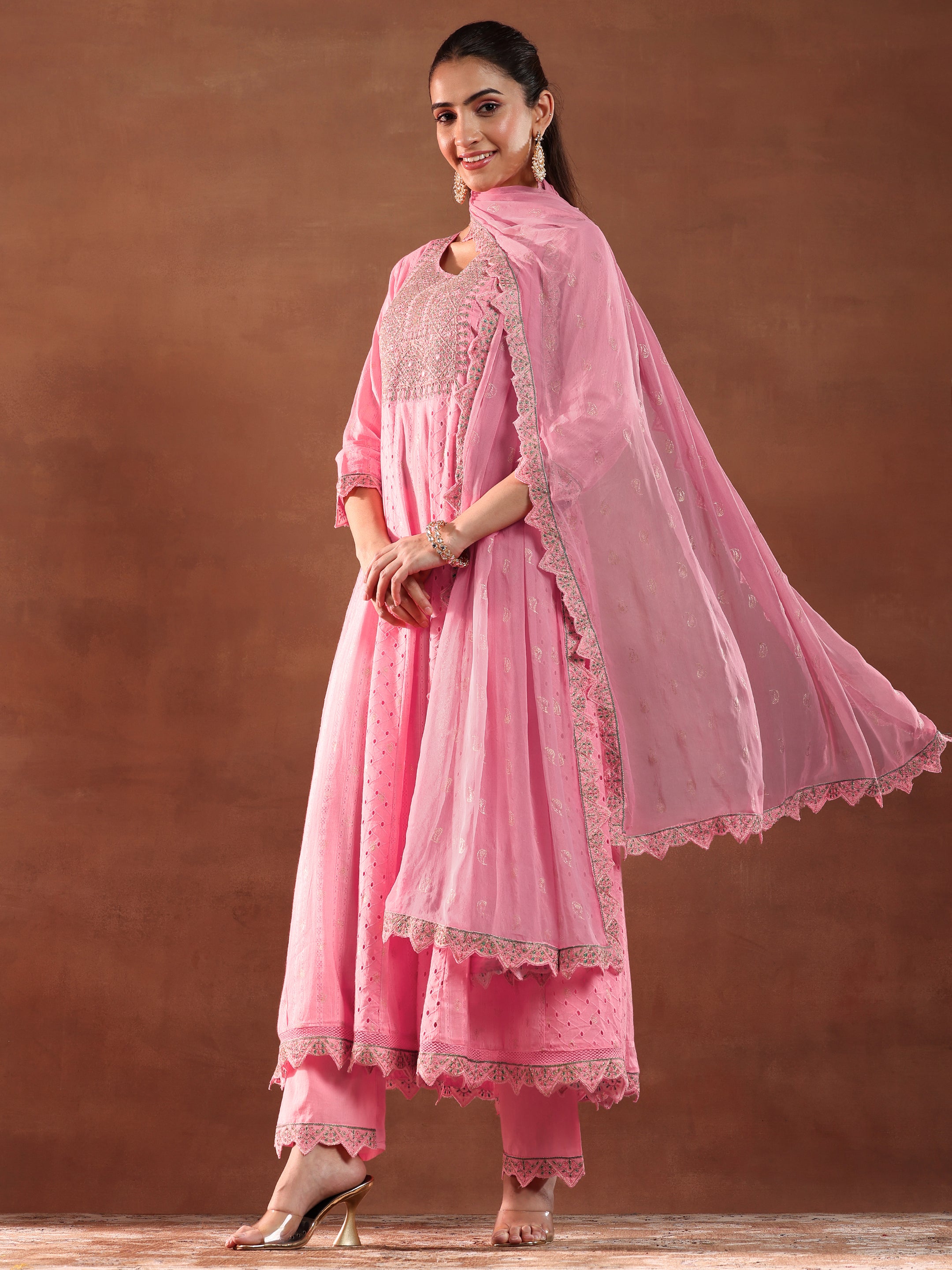 Pink Embroidered Cotton A-Line Kurta With Trousers & Dupatta