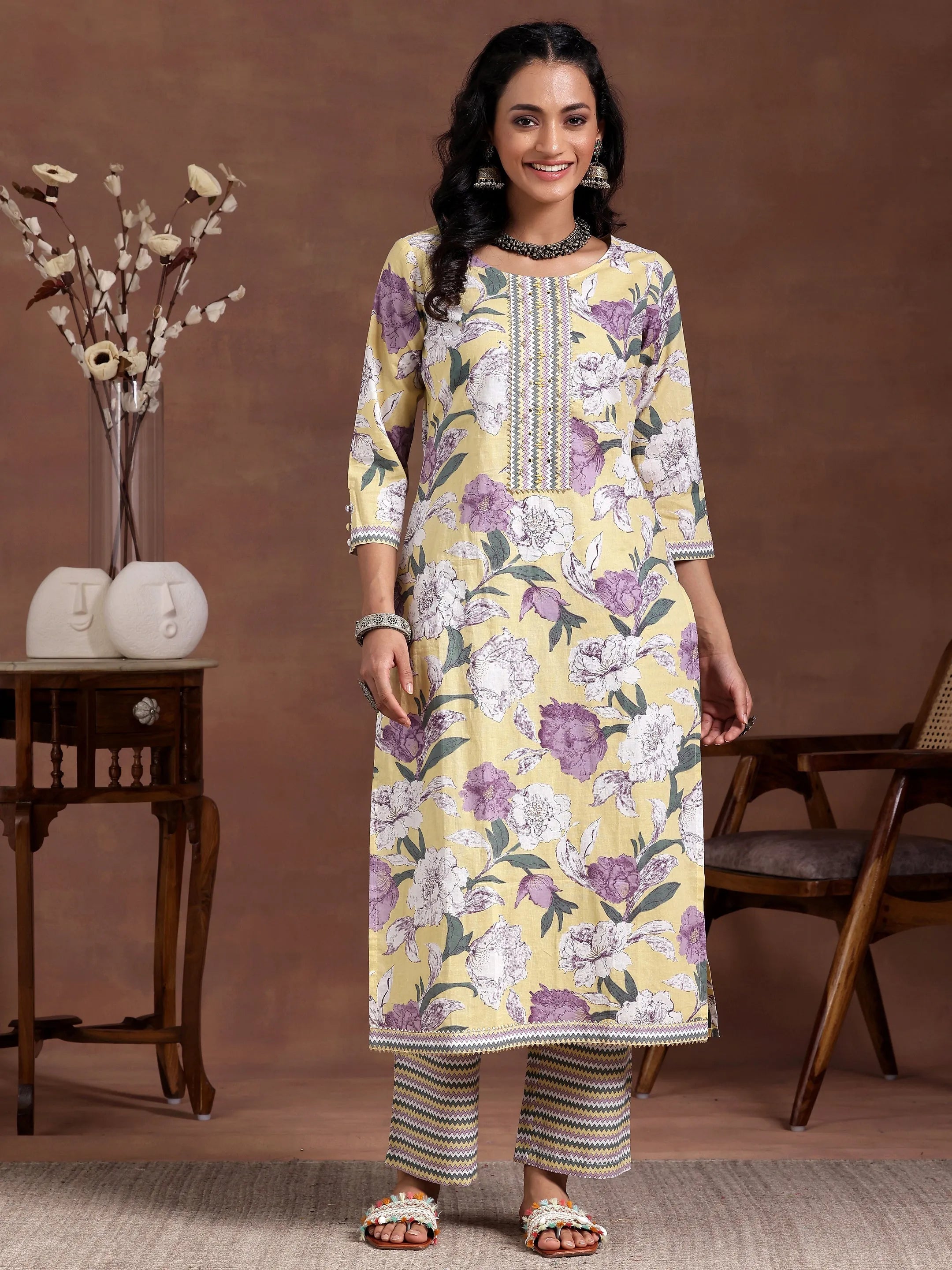 Yellow Printed Cotton Straight Kurta Set