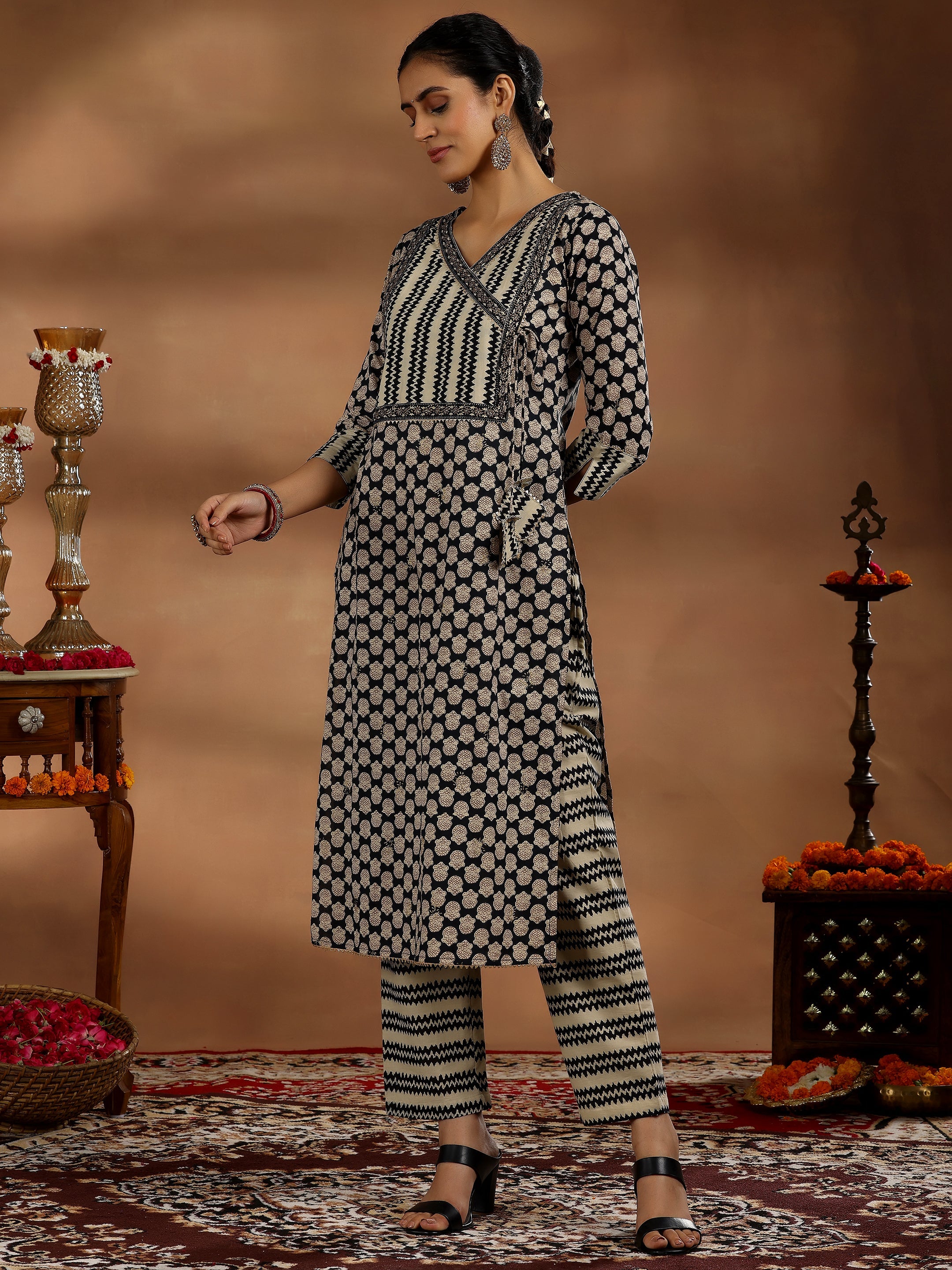 Black Printed Cotton Straight Suit With Dupatta