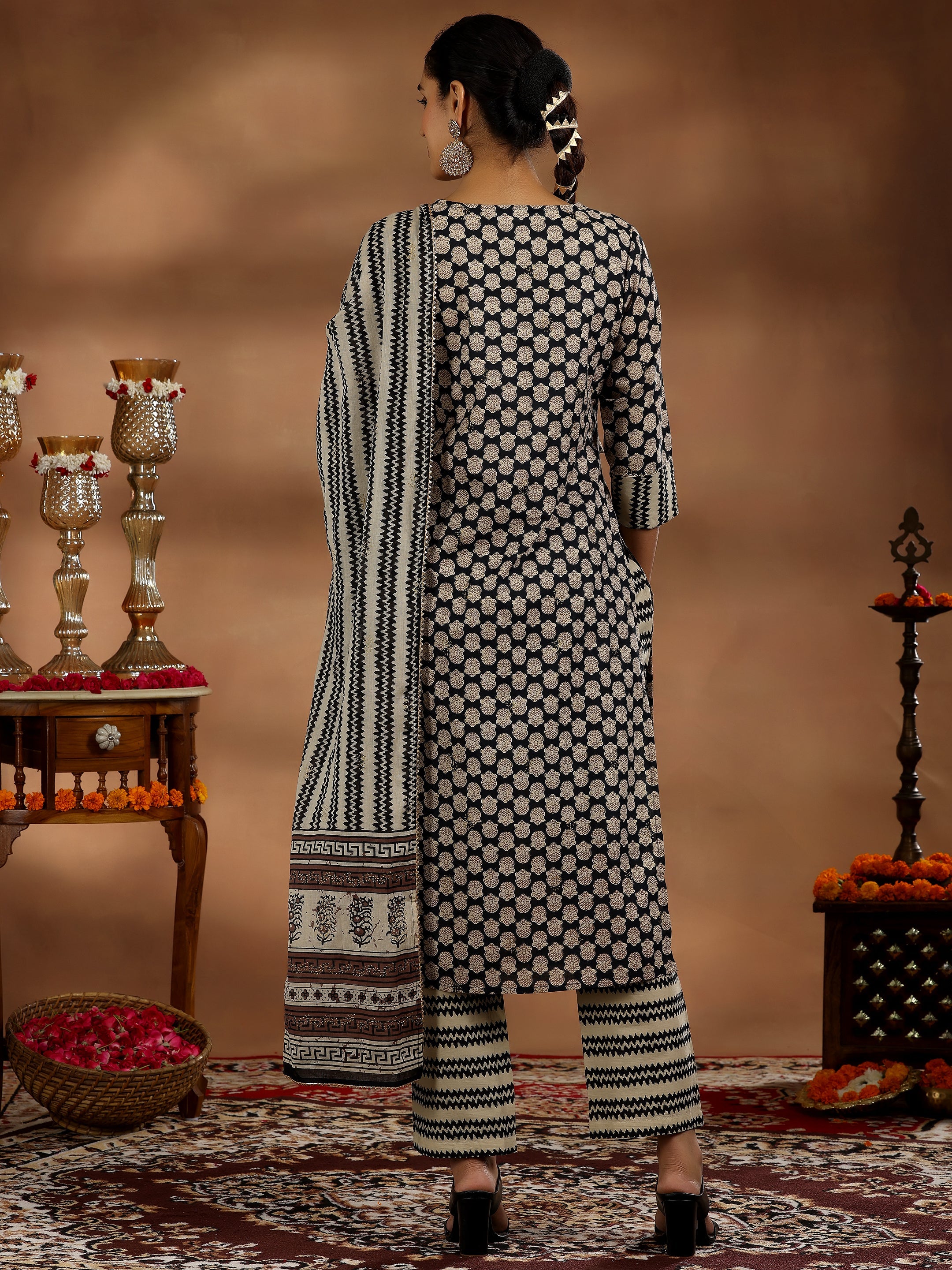 Black Printed Cotton Straight Suit With Dupatta