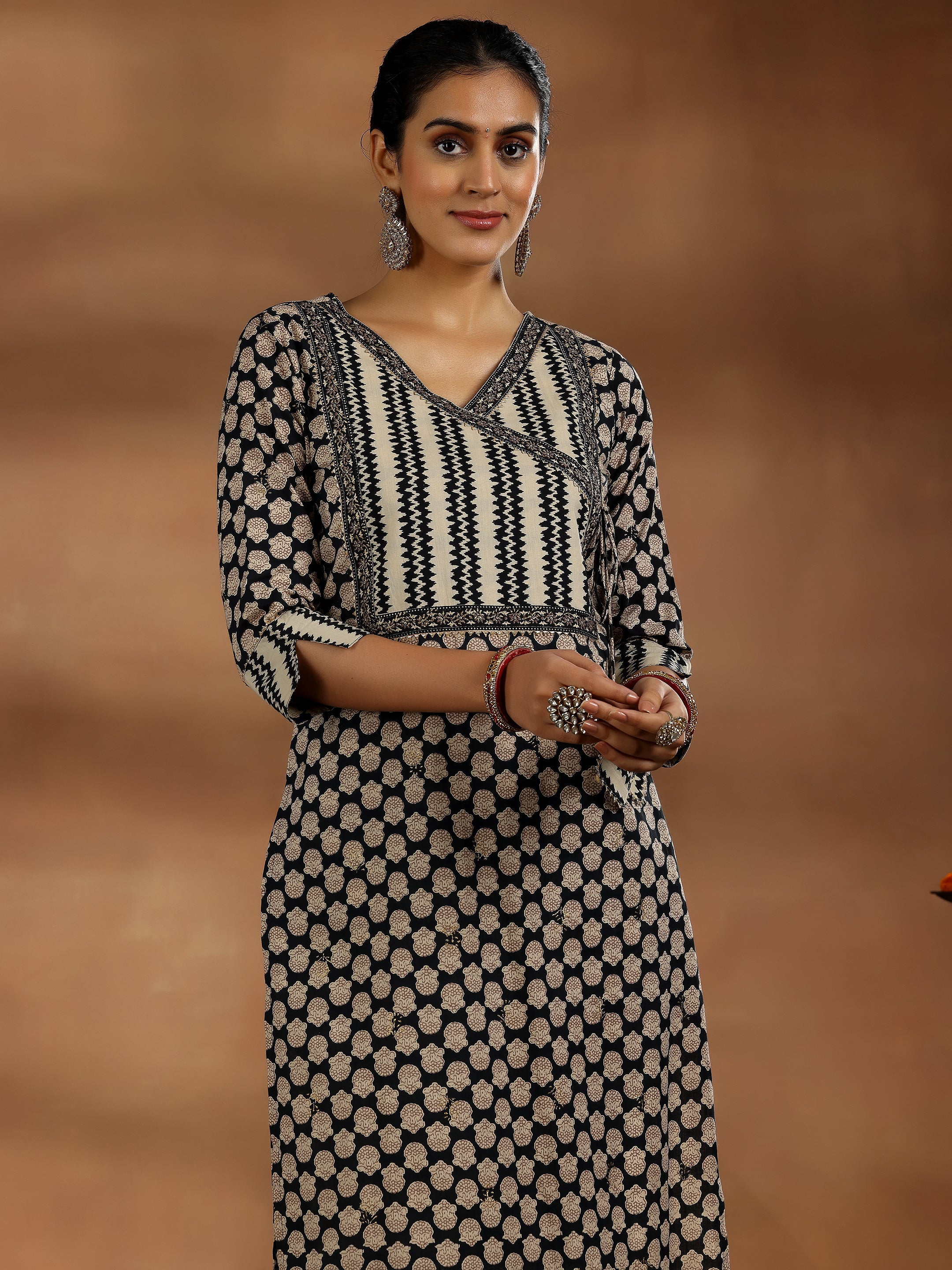 Black Printed Cotton Straight Suit With Dupatta