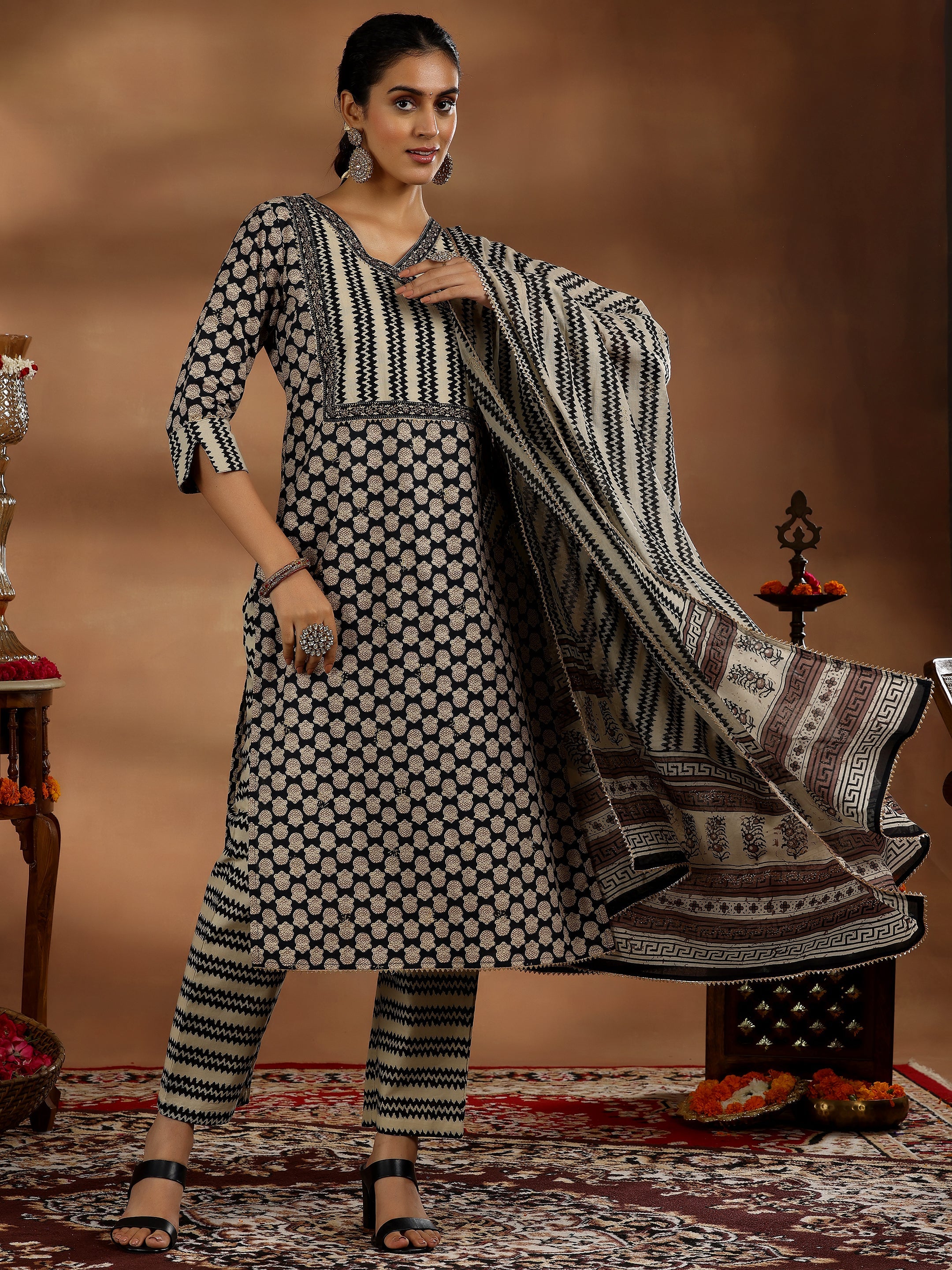 Black Printed Cotton Straight Suit With Dupatta