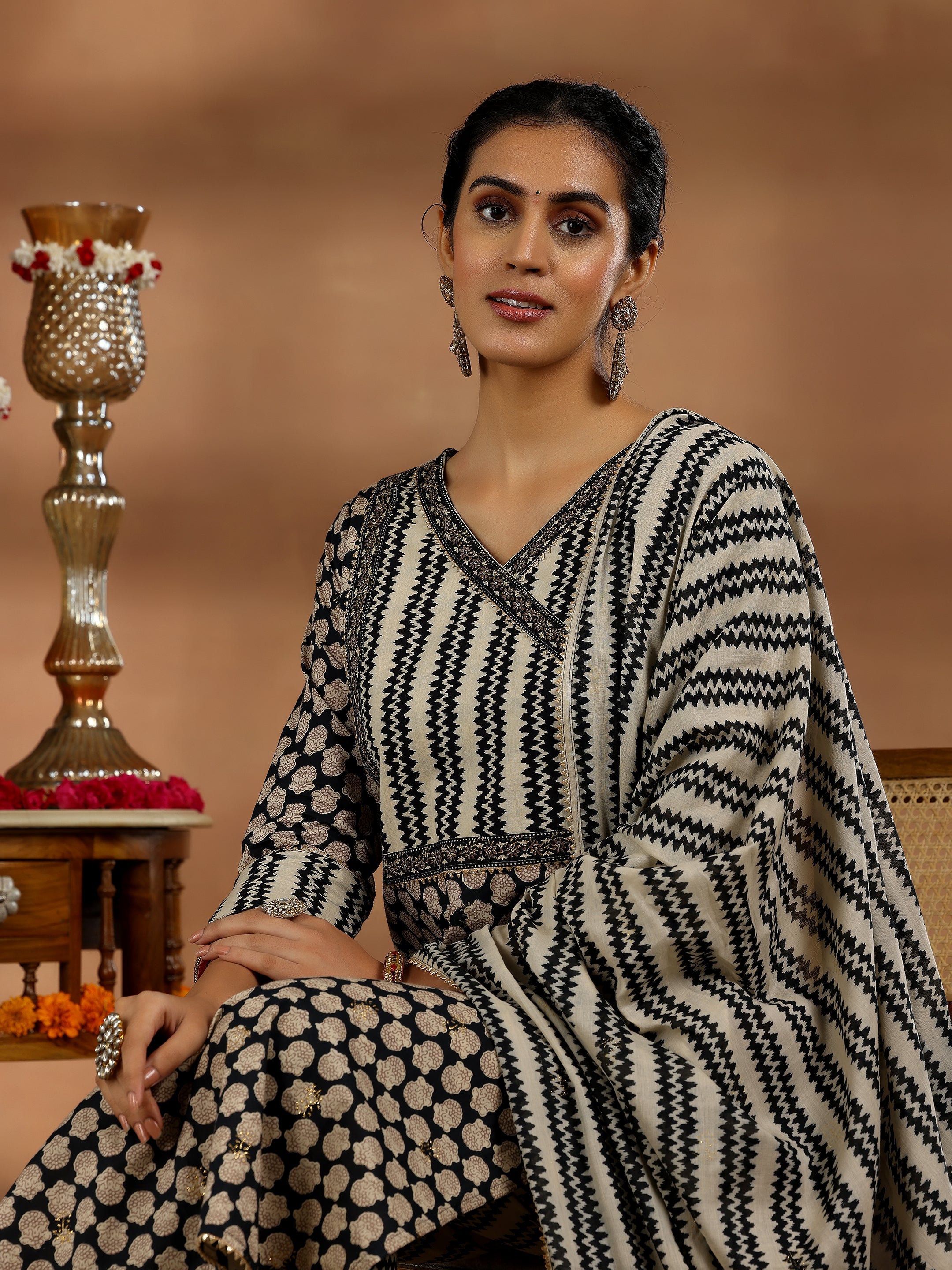 Black Printed Cotton Straight Suit With Dupatta